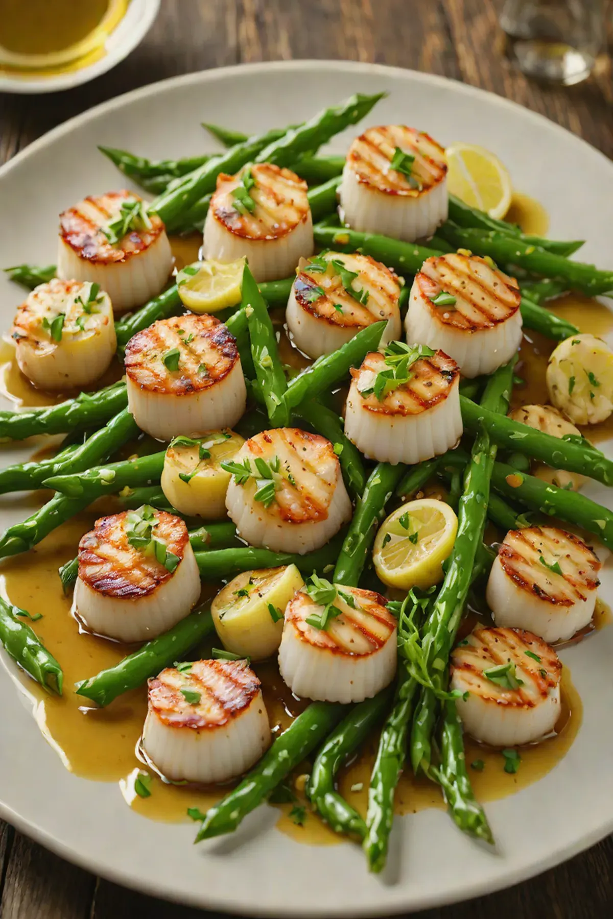 Grilled Scallops with Green Bean and Garlic Butter
