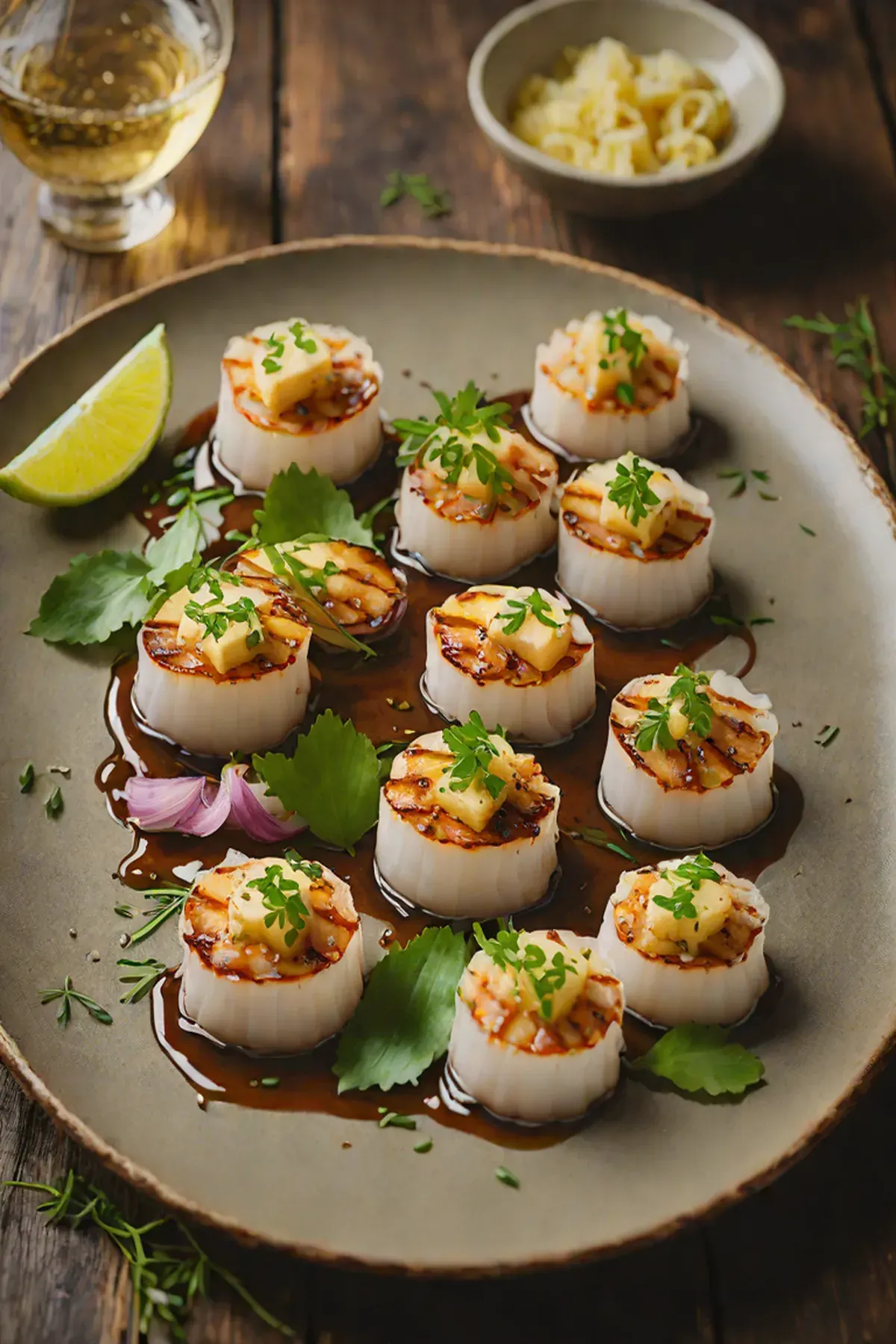Grilled Scallops with Lotus Root and Lemongrass Glaze