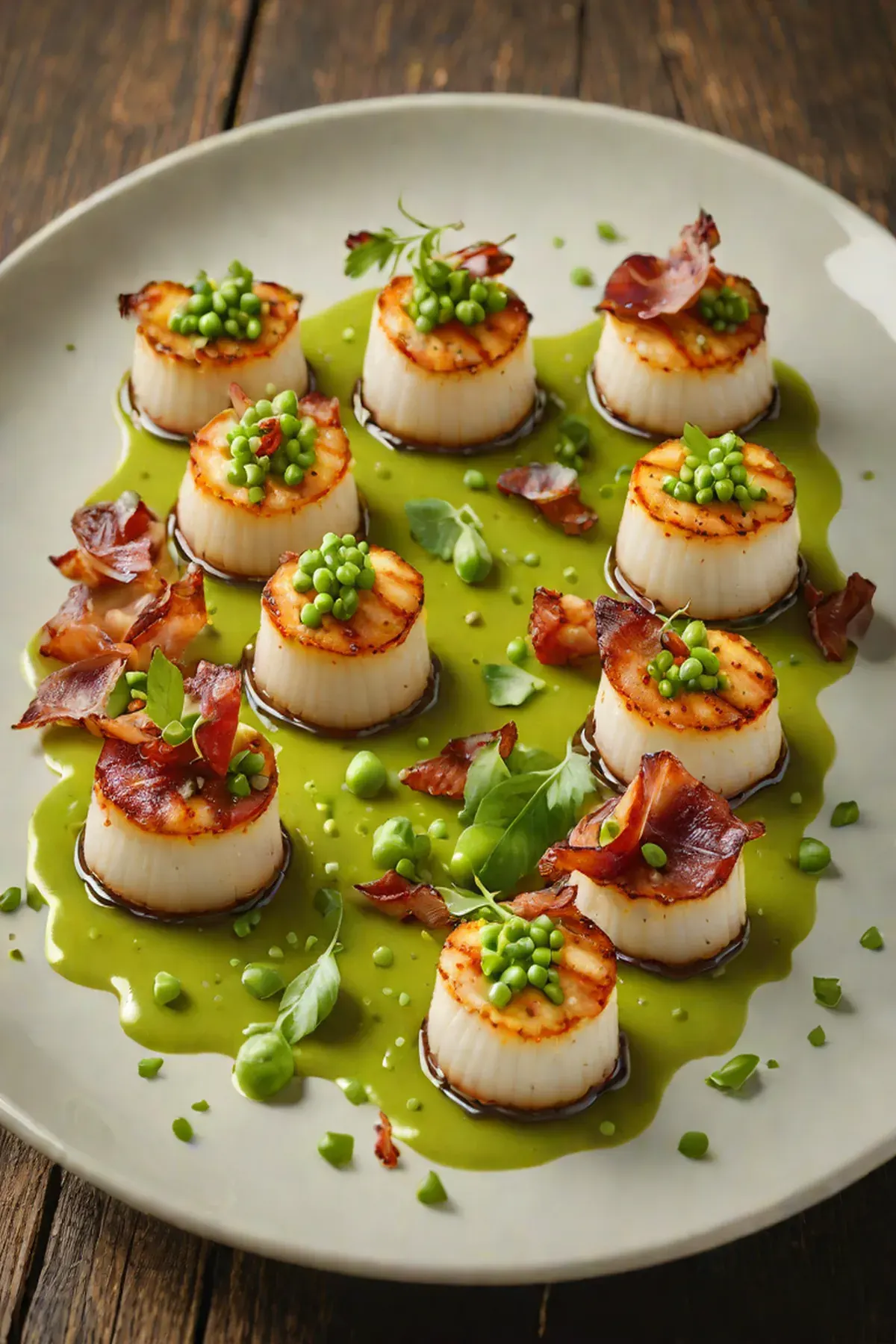 Grilled Scallops with Pea Puree and Crispy Pancetta