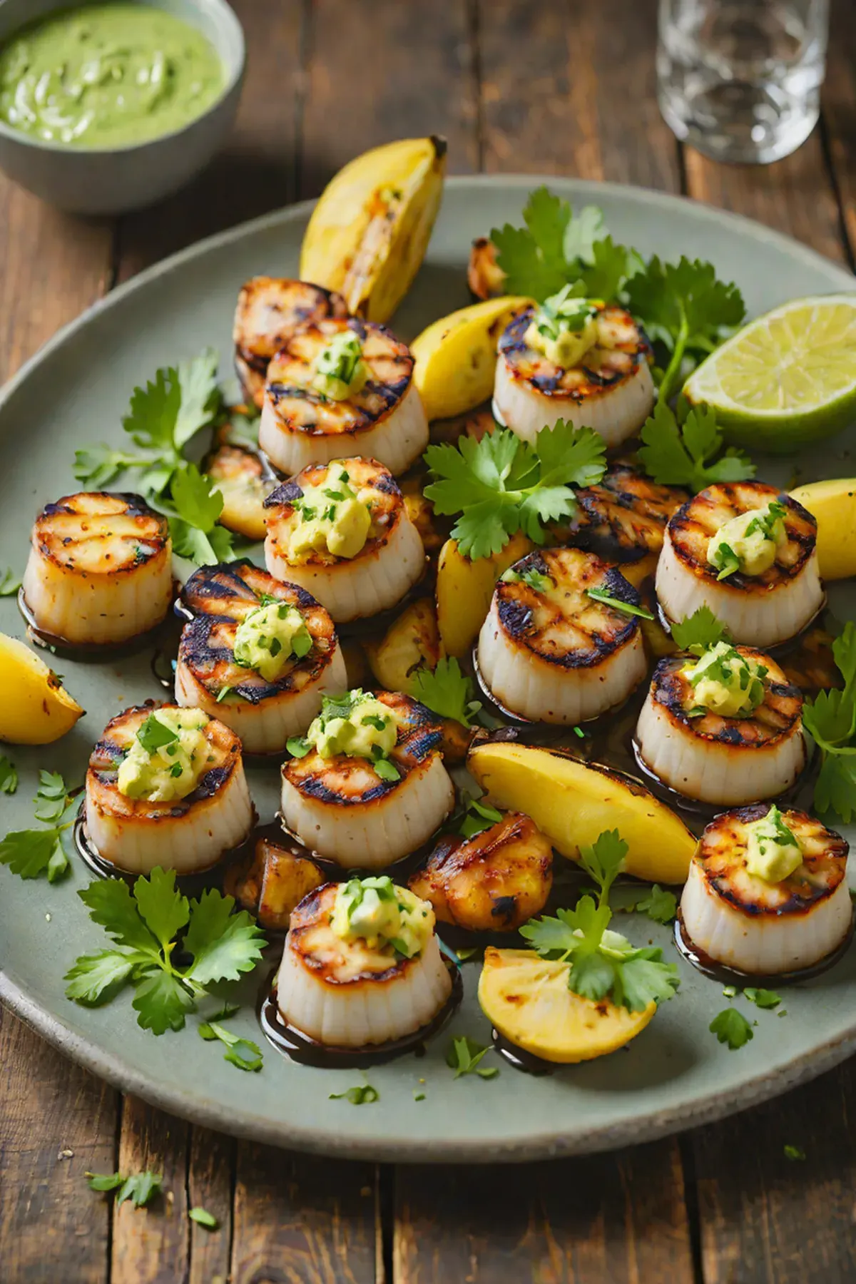 Grilled Scallops with Plantain and Cilantro-Lime Butter