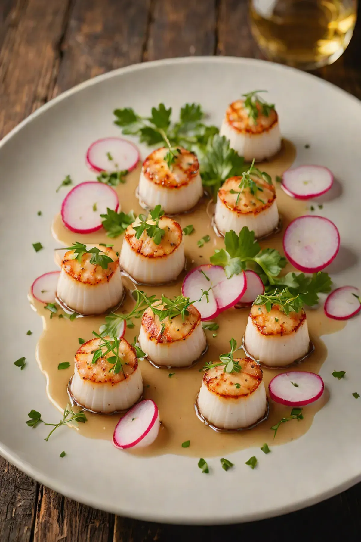 Grilled Scallops with Radish and Brown Butter Emulsion