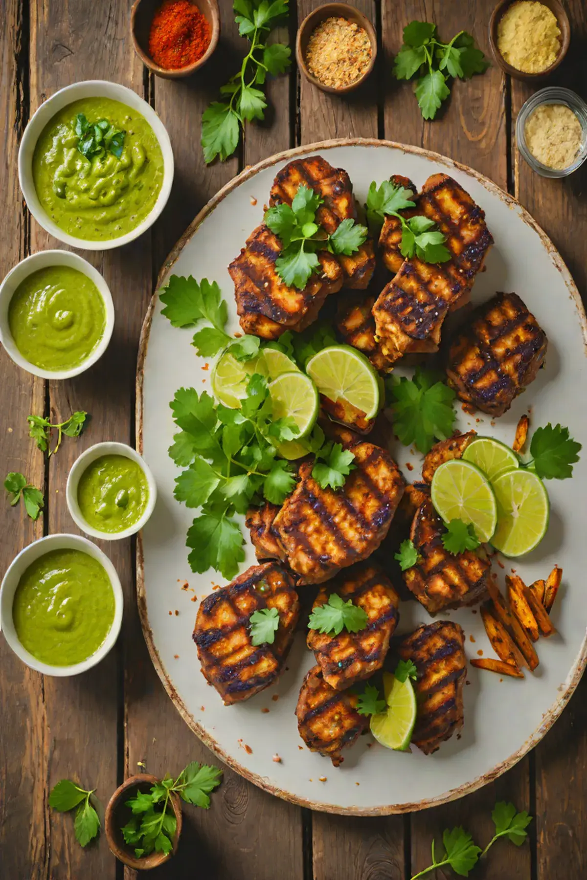 Grilled Seitan with Cassava Root Wedges and Cilantro-Lime Sauce