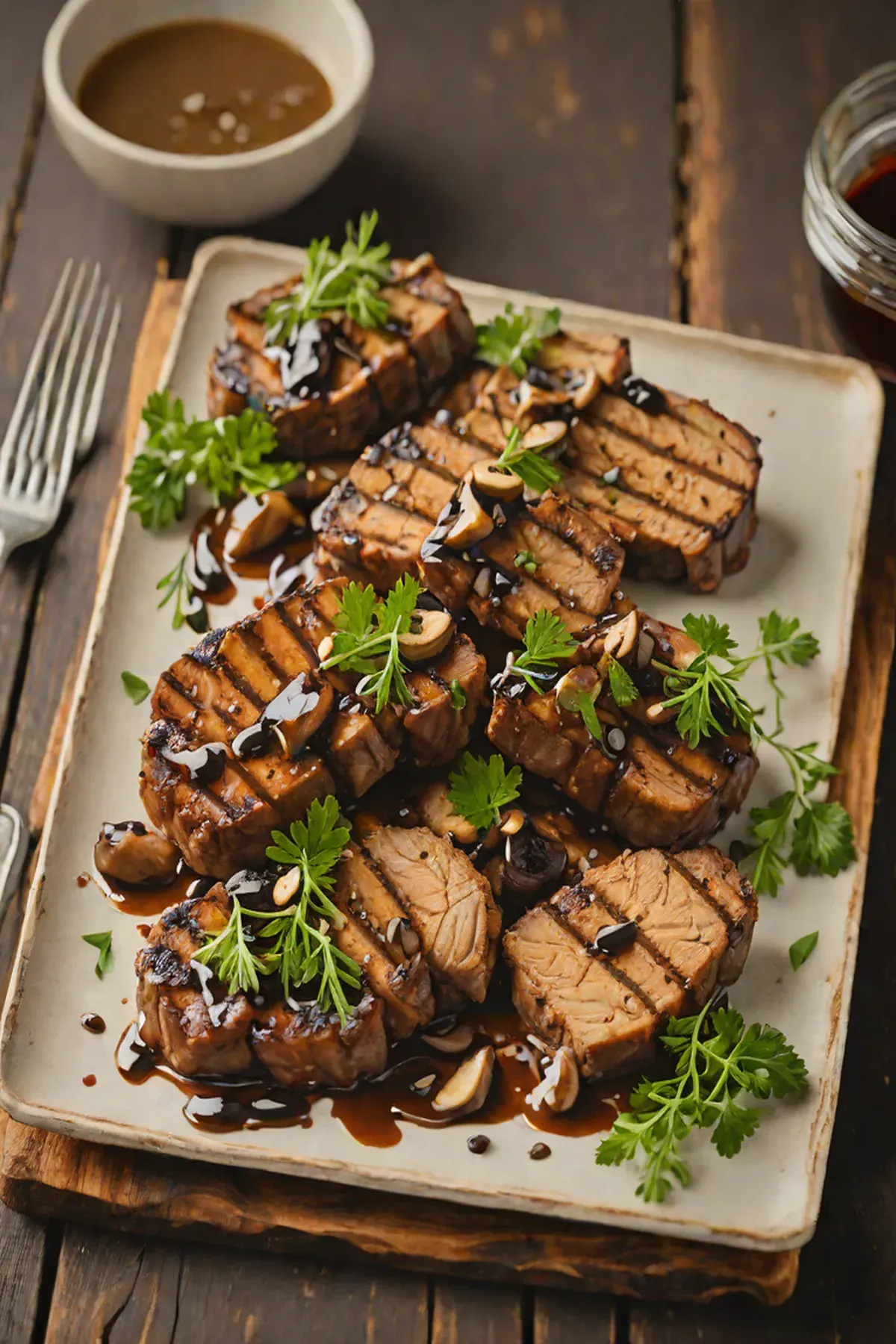 Grilled Seitan with Mushroom and Garlic Herb Glaze
