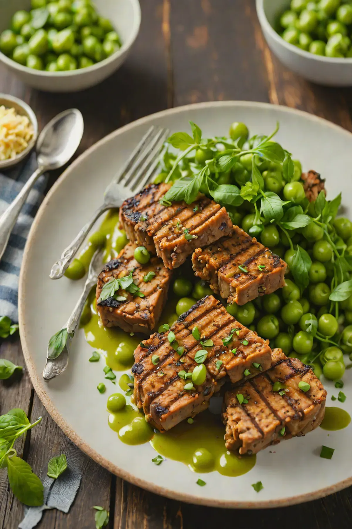 Grilled Seitan with Pea and Herb Crust