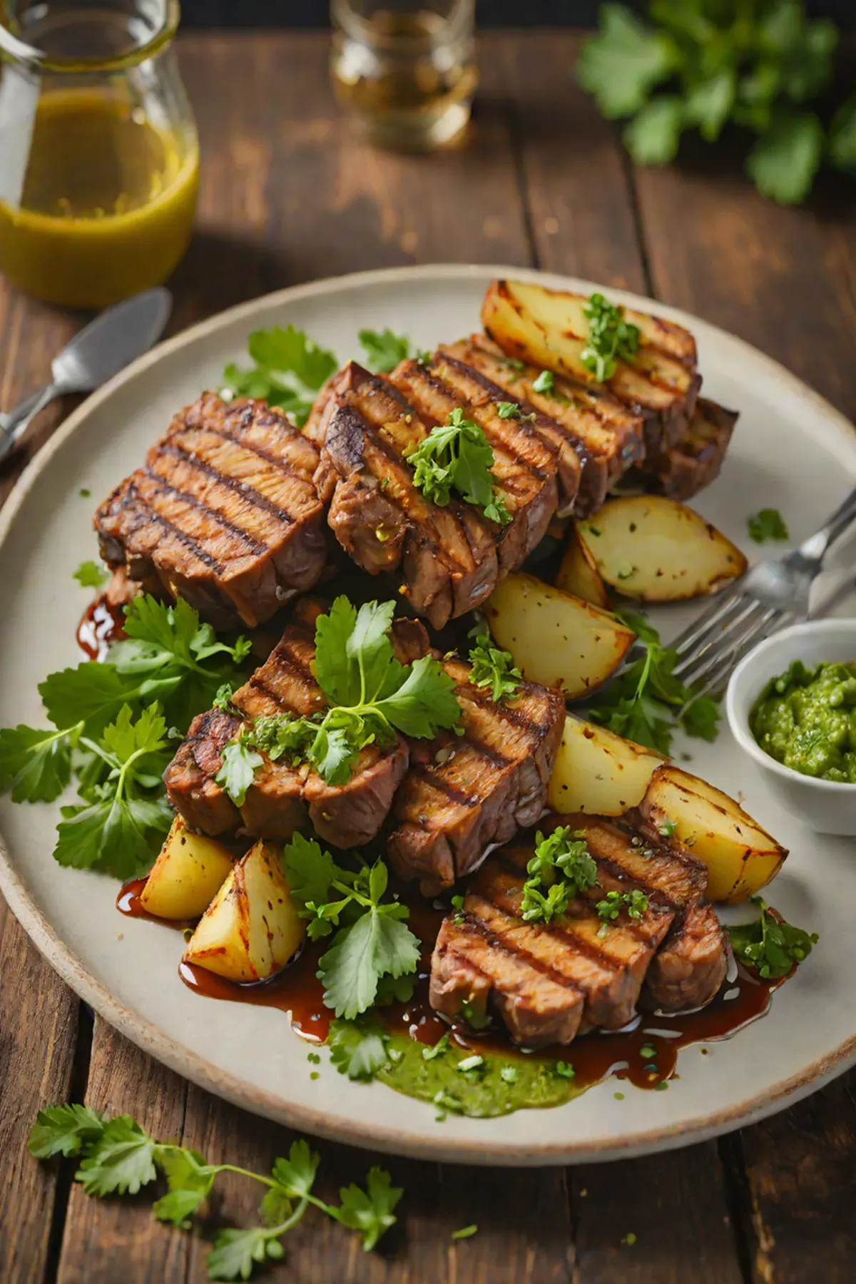 Grilled Seitan with Potato and Herb Chimichurri