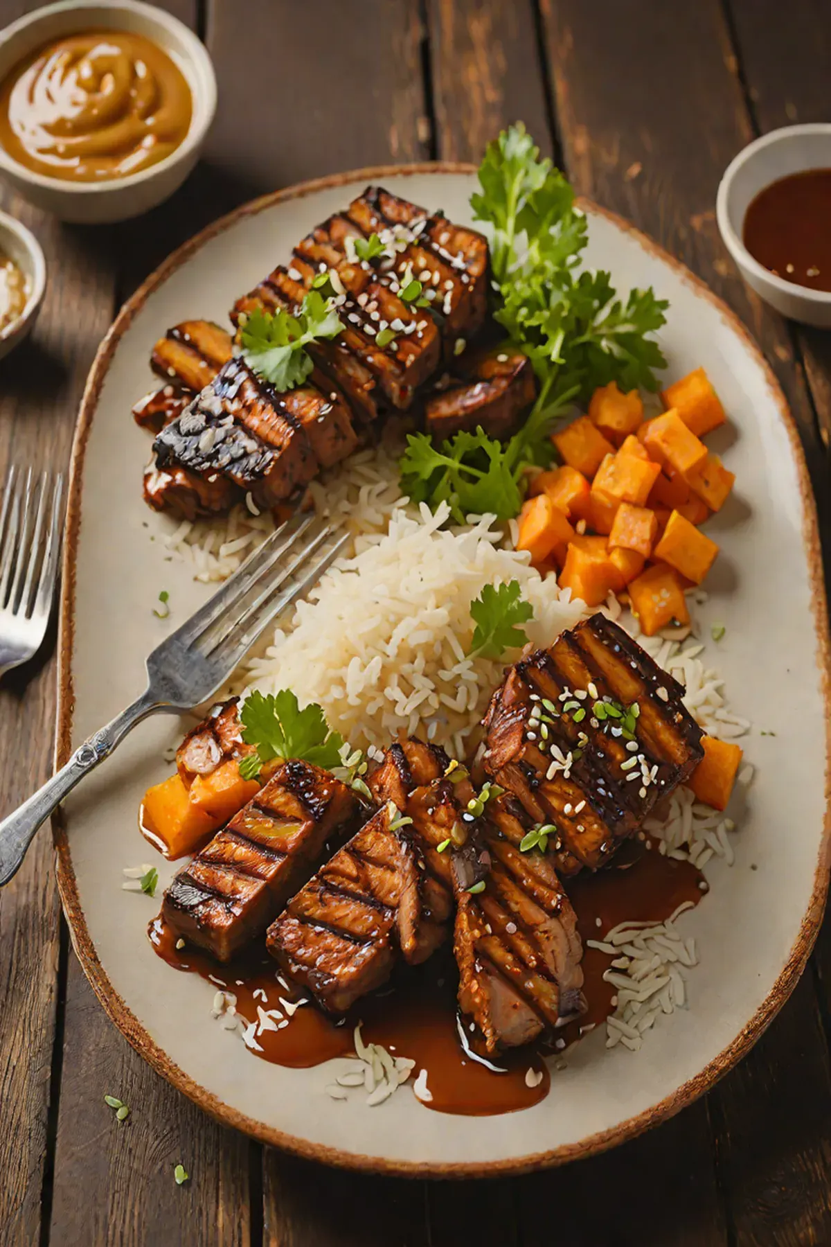Grilled Seitan with Sweet Potato and Miso-Ginger Glaze
