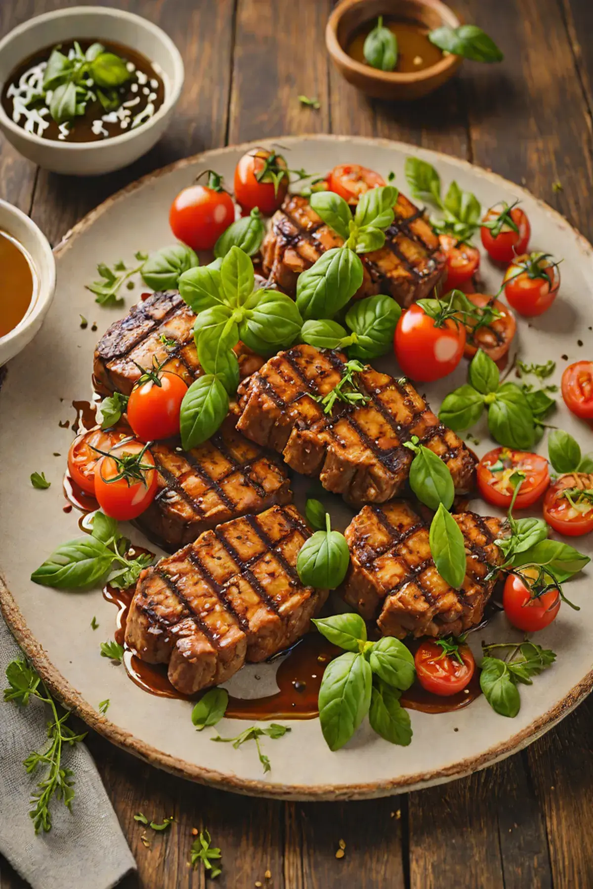 Grilled Seitan with Tomato and Herb Reduction