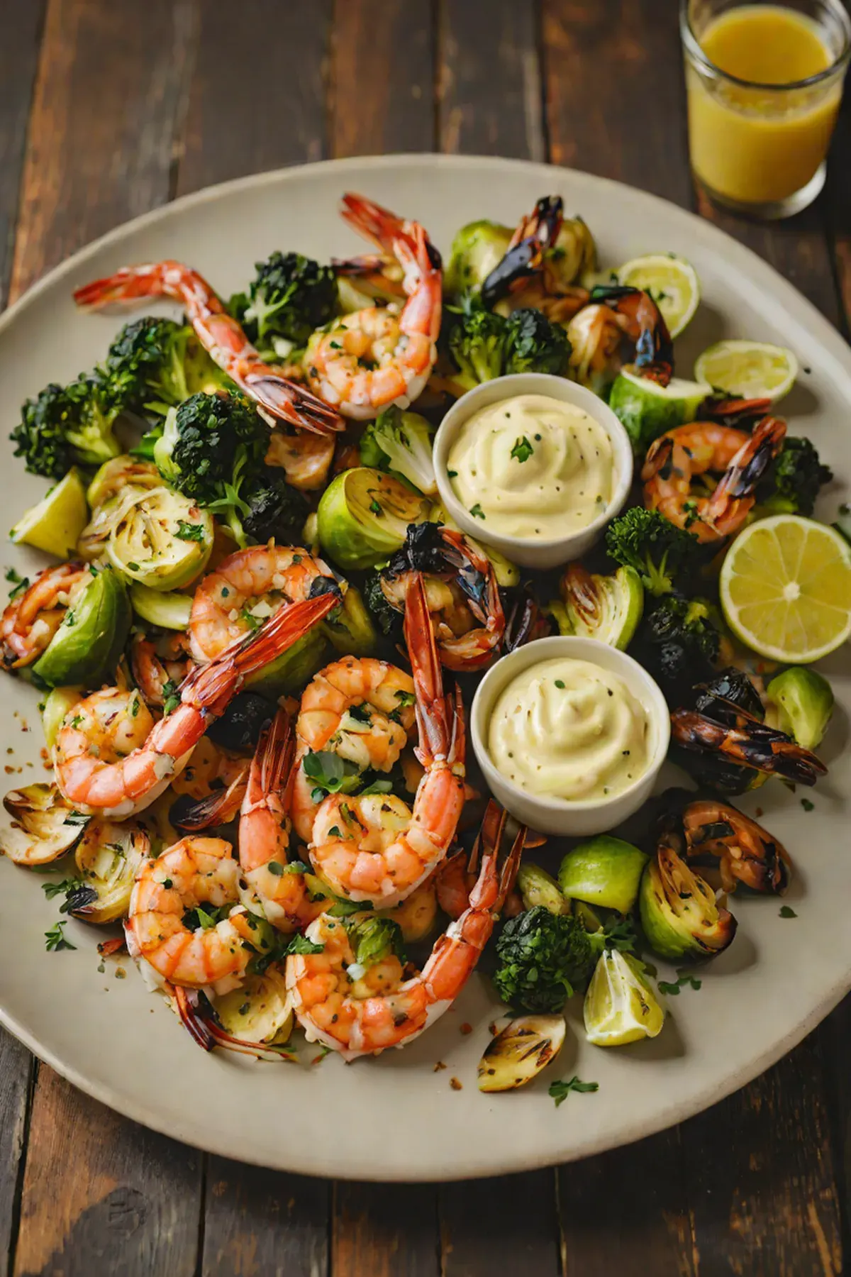 Grilled Shrimp with Charred Brussels Sprouts and Garlic Aioli