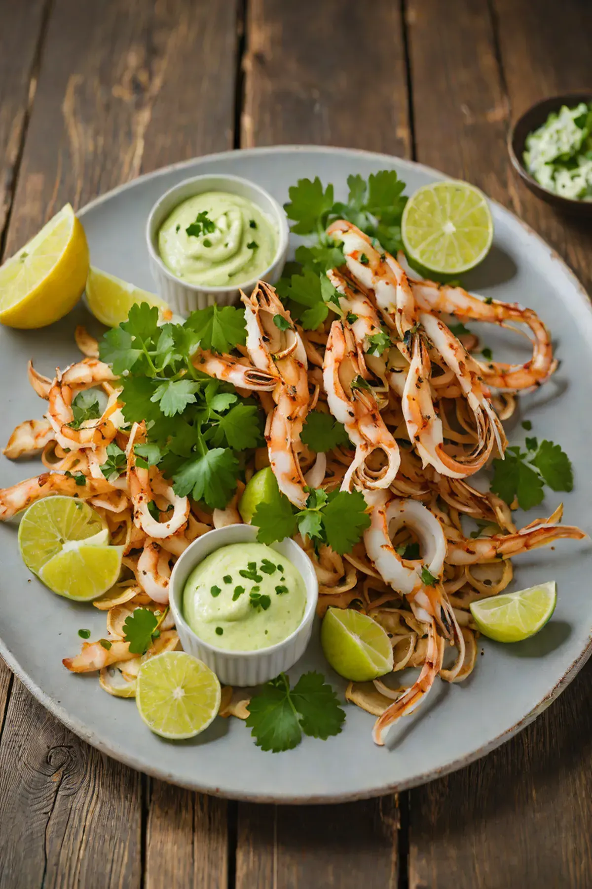 Grilled Squid with Cassava Root Chips and Cilantro-Lime Aioli