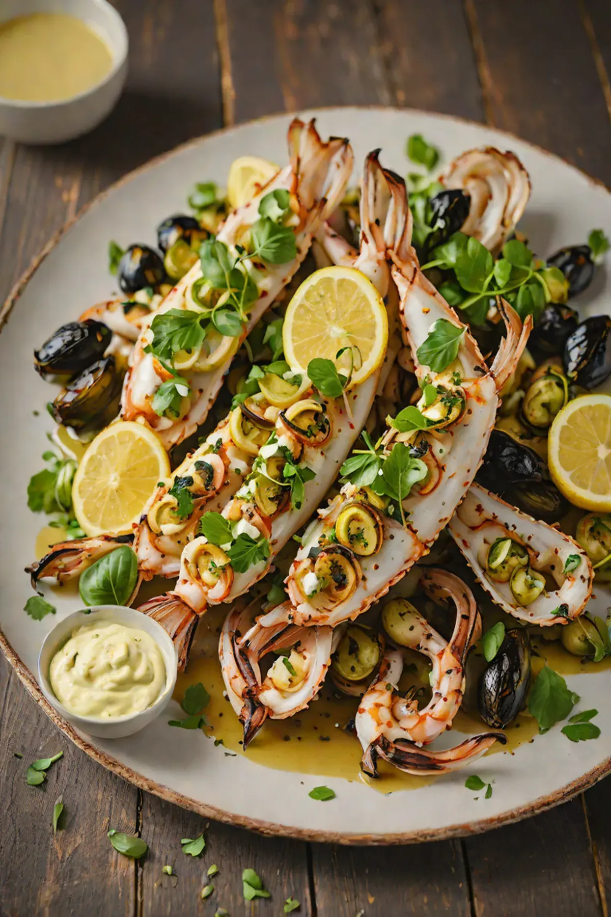 Grilled Squid with Charred Brussels Sprouts and Lemon-Garlic Aioli