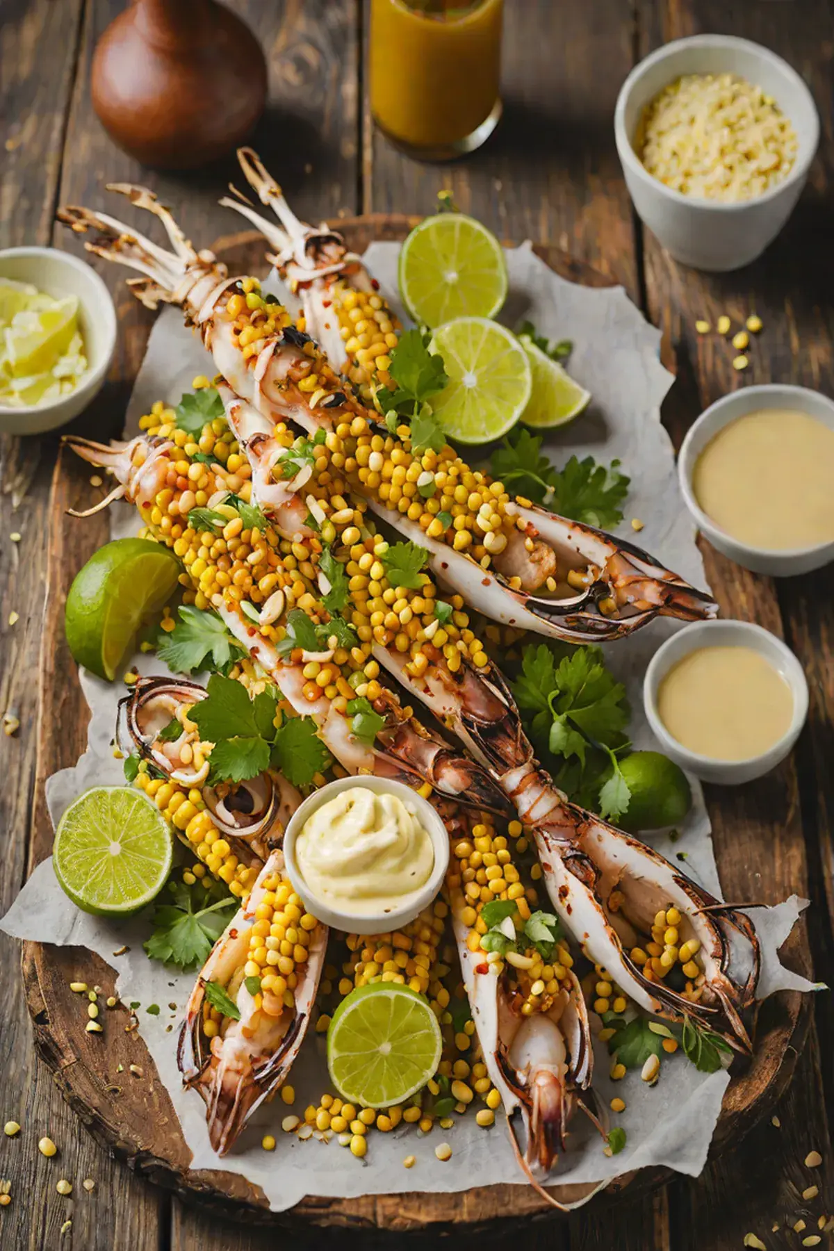 Grilled Squid with Corn and Charred Lime Aioli
