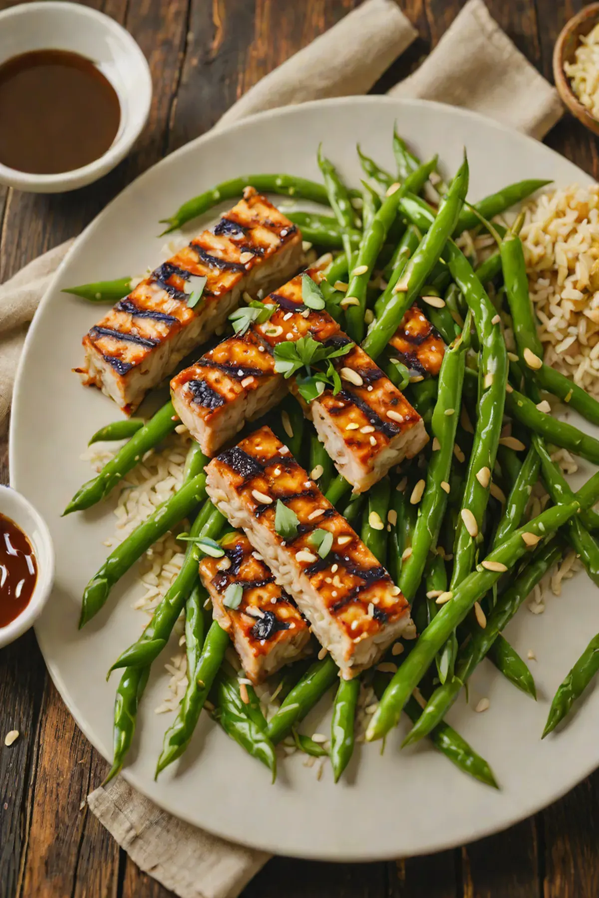 Grilled Tempeh with Green Beans and Garlic-Ginger Glaze