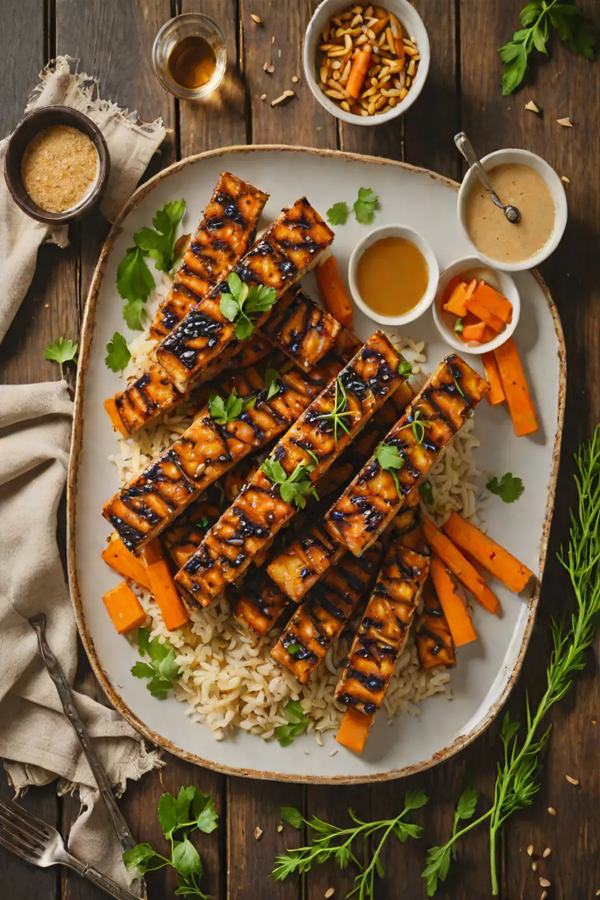 Grilled Tempeh with Roasted Carrots and Miso-Ginger Glaze