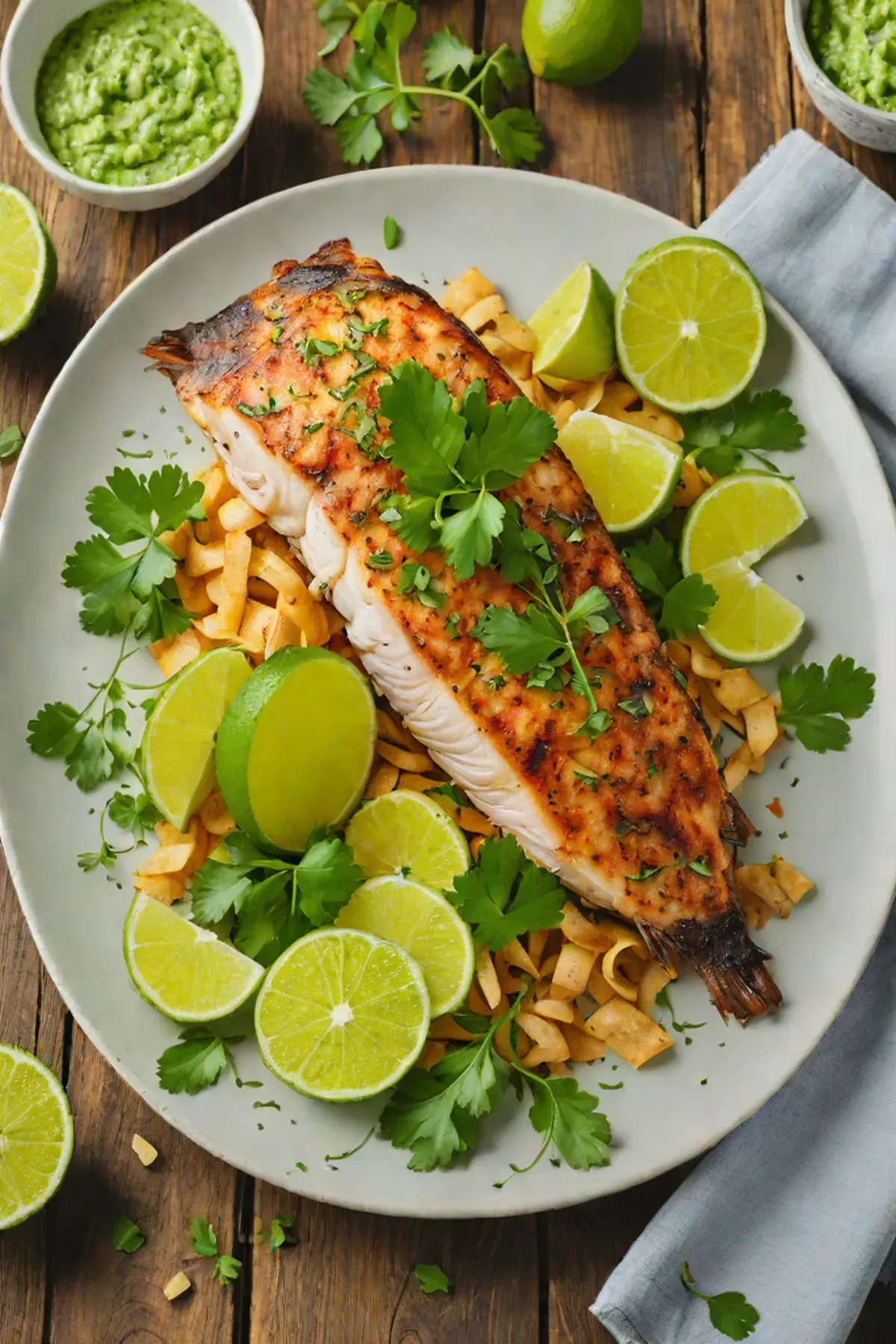 Grilled Tilapia with Cassava Root Crisps and Lime-Cilantro Sauce