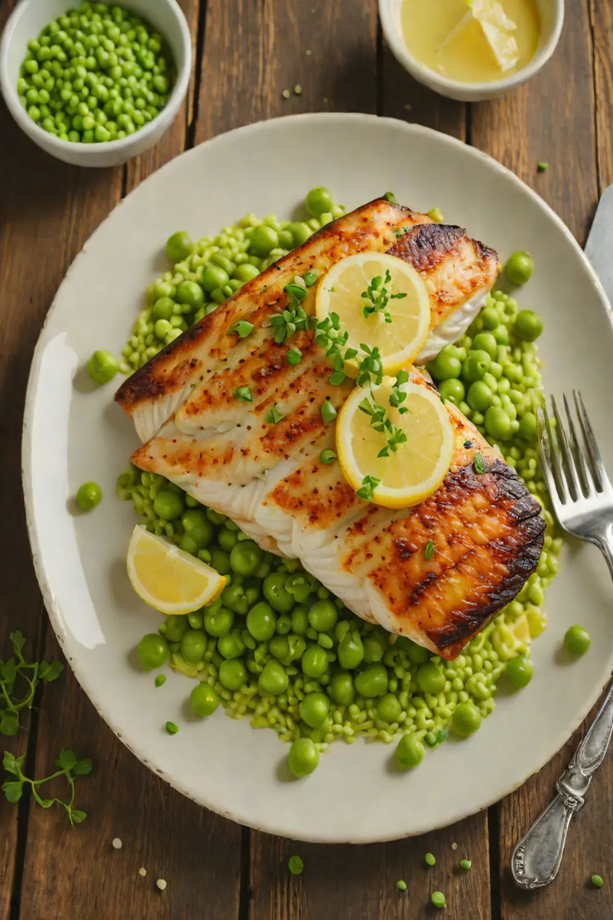 Grilled Tilapia with Creamed Peas and Lemon Butter