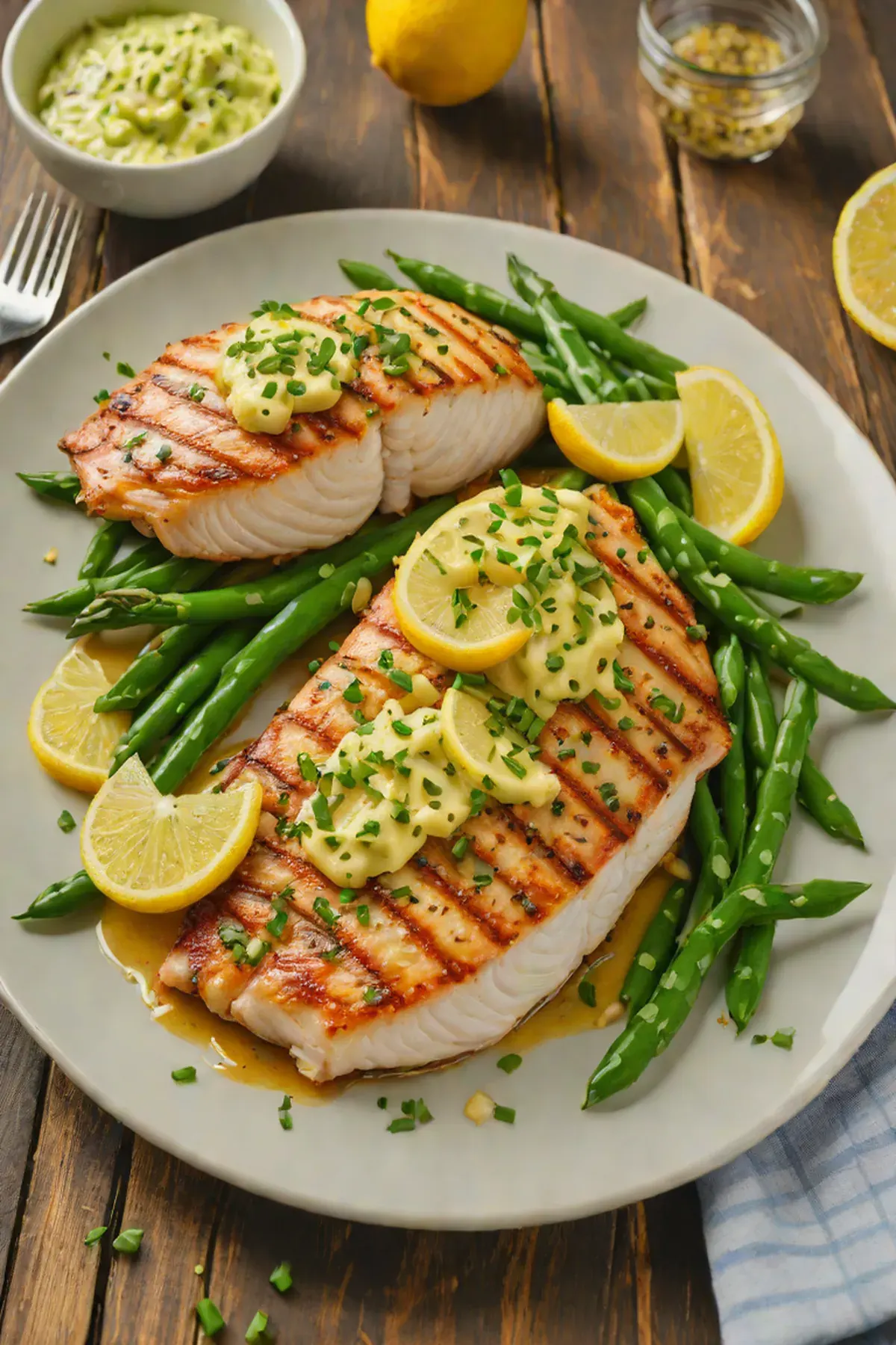 Grilled Tilapia with Green Bean and Lemon Butter Sauce