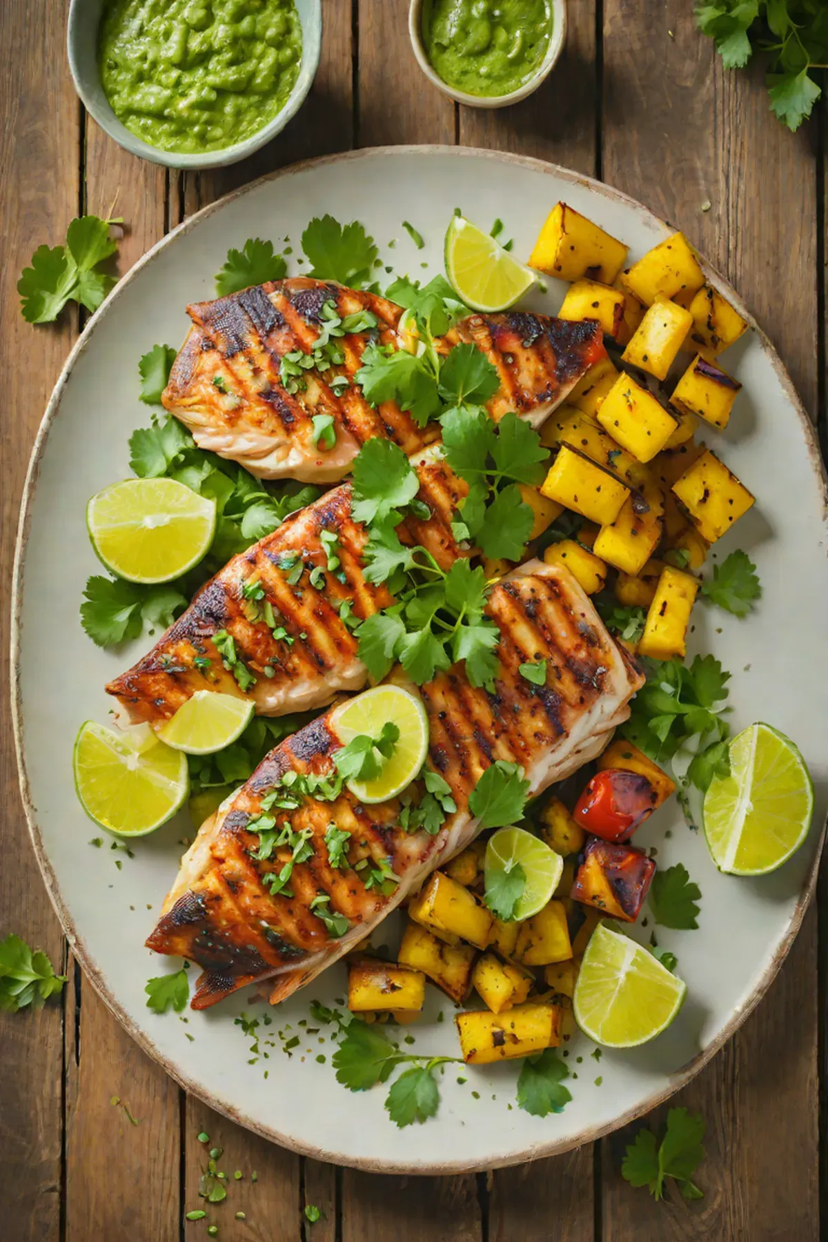 Grilled Tilapia with Plantain and Cilantro-Lime Sauce