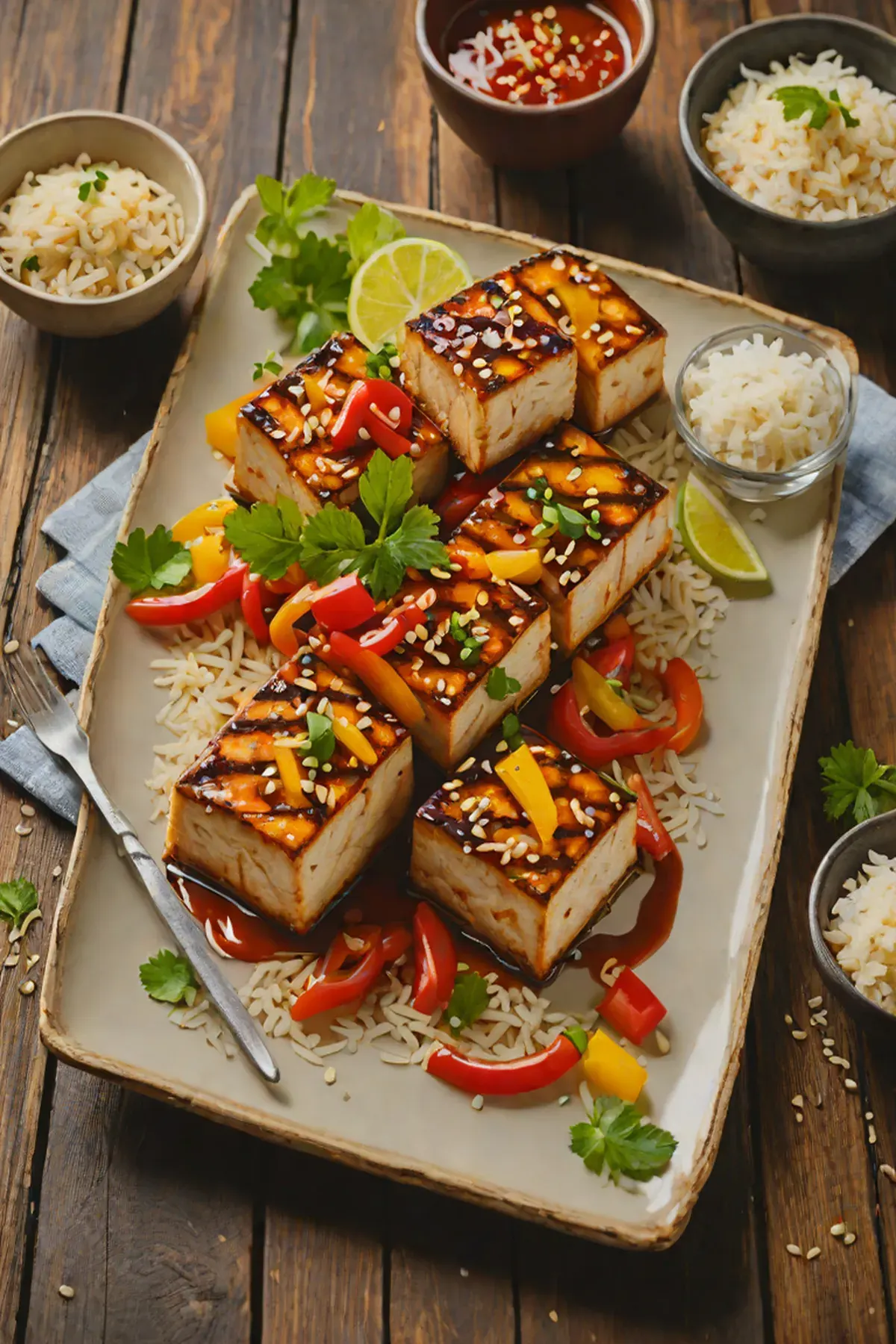 Grilled Tofu with Bell Pepper and Sesame Glaze