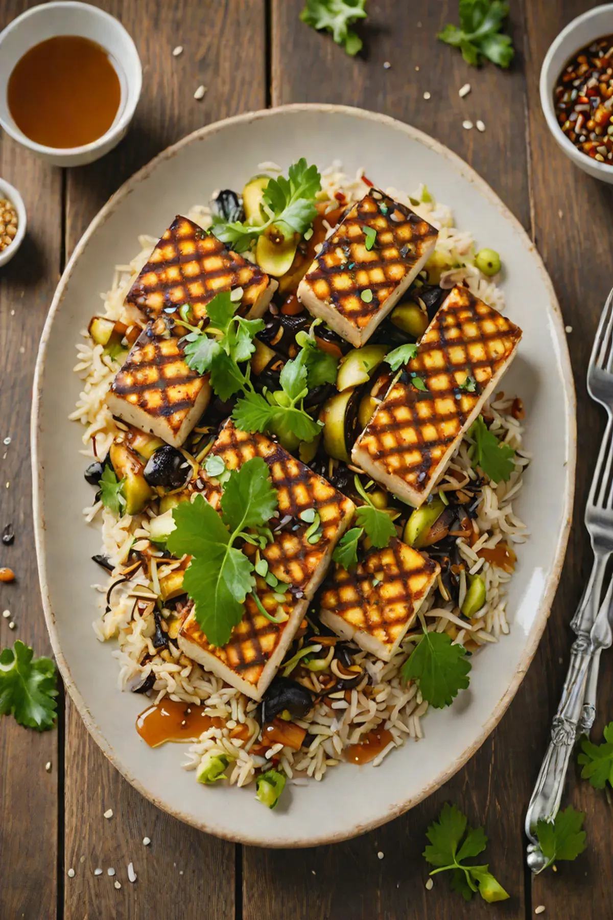 Grilled Tofu with Brussels Sprout Hash and Miso Glaze