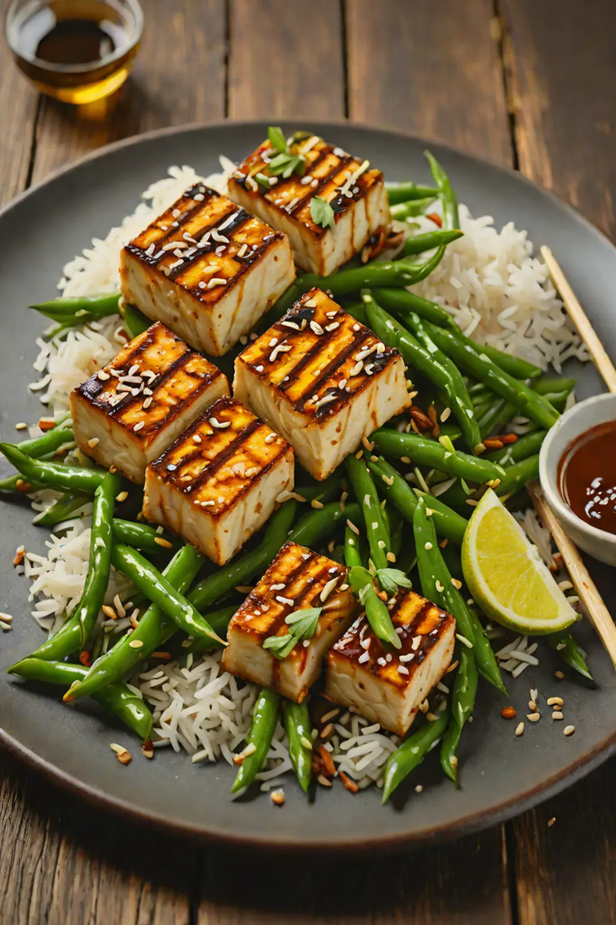 Grilled Tofu with Green Bean and Sesame-Ginger Glaze