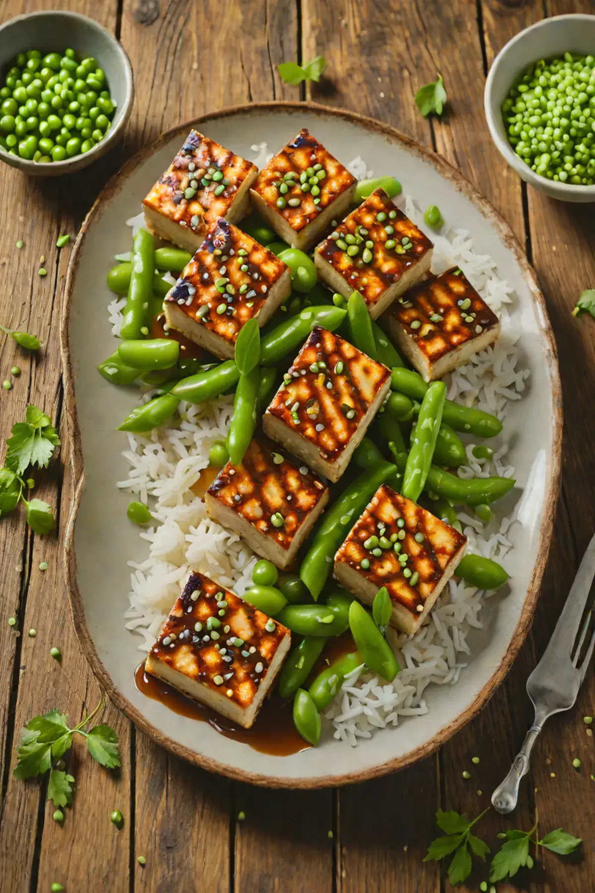 Grilled Tofu with Pea and Sesame Glaze