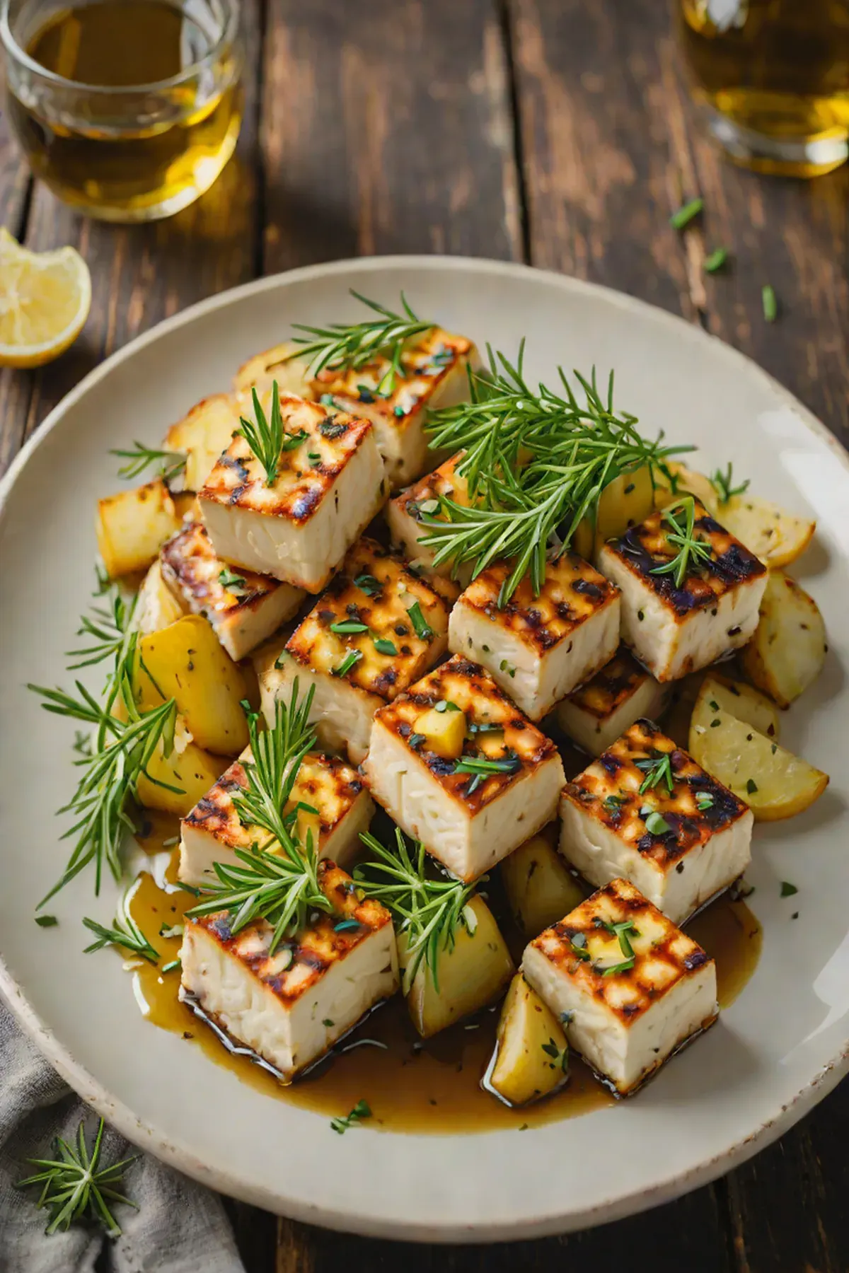 Grilled Tofu with Potato and Herb Oil