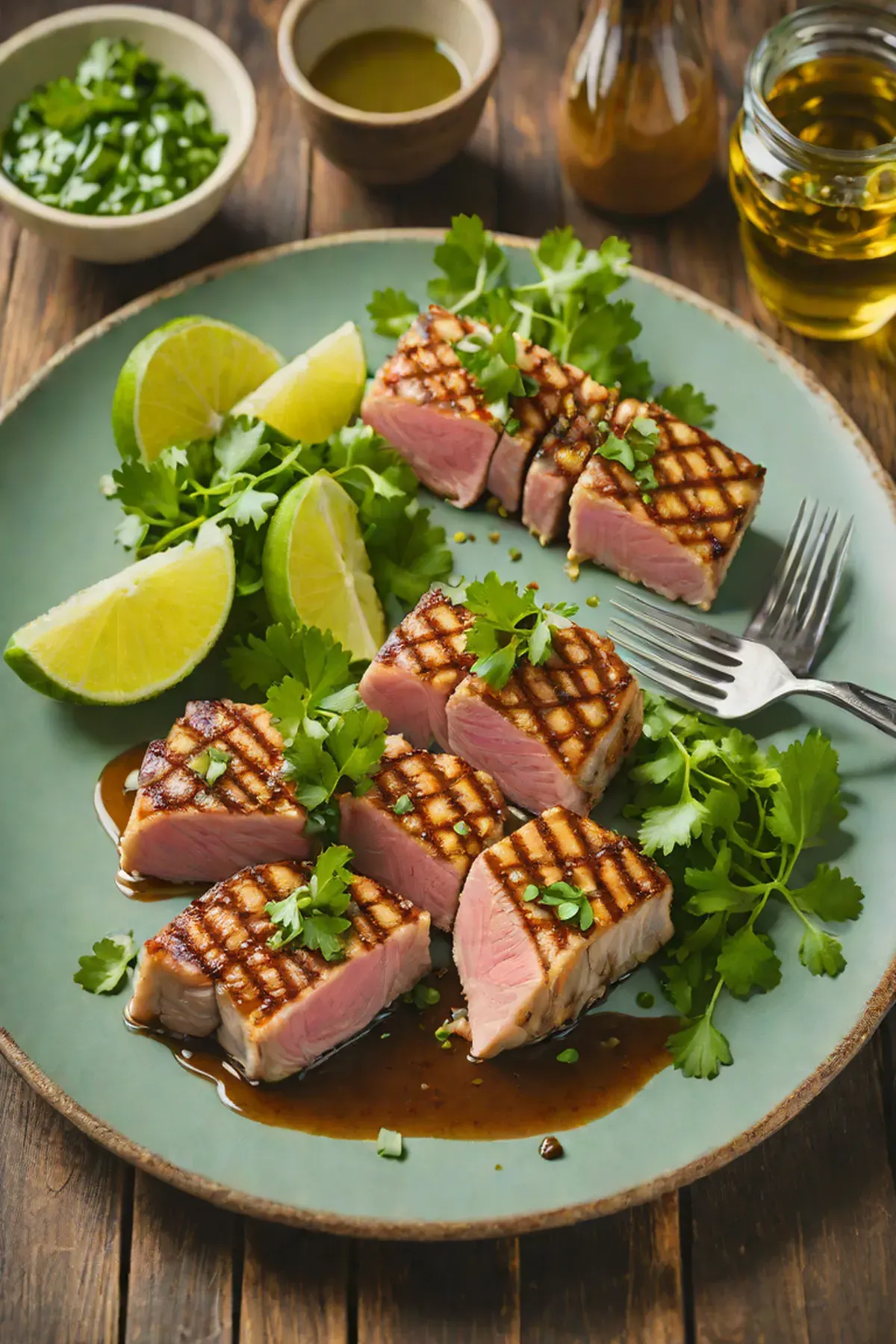 Grilled Tuna with Cassava Root Cakes and Cilantro-Lime Glaze