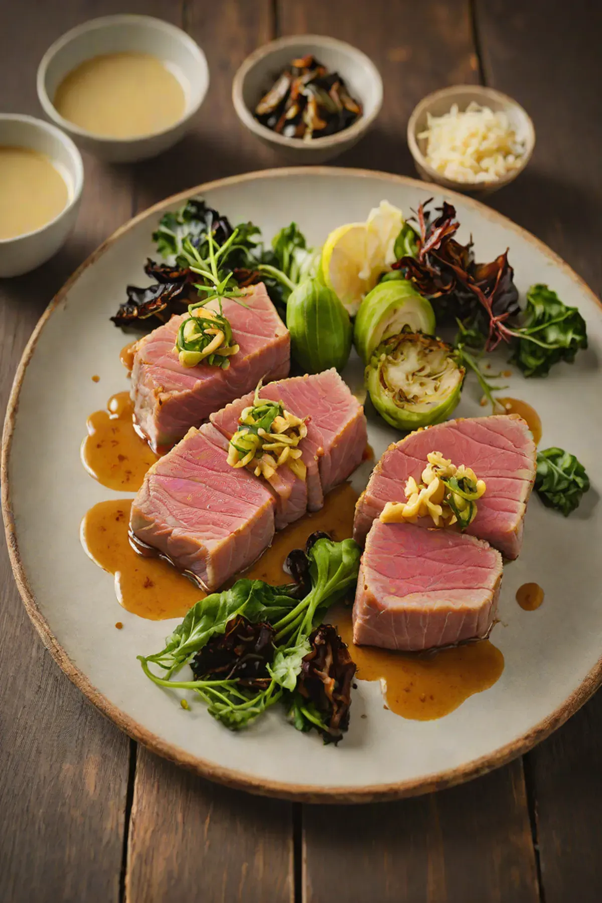 Grilled Tuna with Crispy Brussels Sprouts and Miso-Butter Glaze