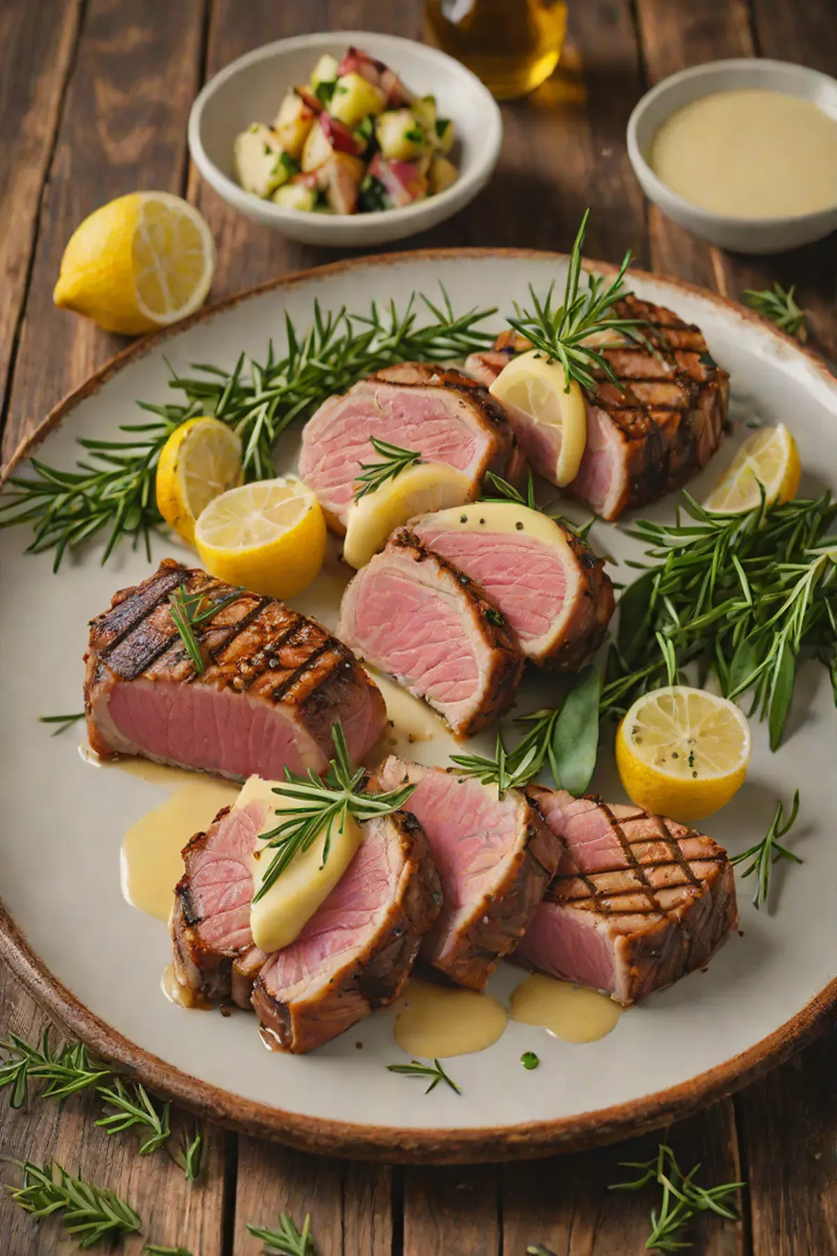 Grilled Tuna with Crispy Herb Potatoes and Lemon Aioli