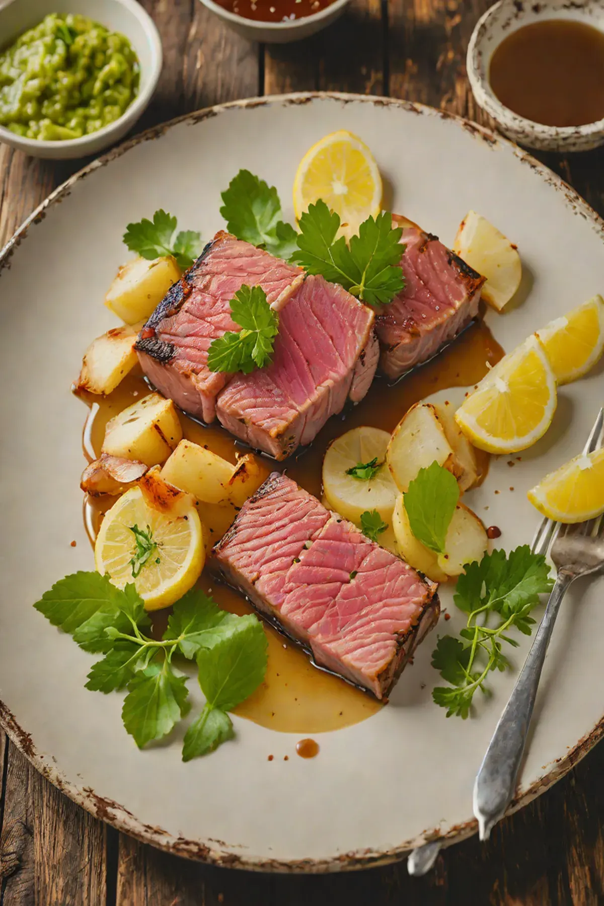 Grilled Tuna with Turnip Puree and Crispy Turnip Chips