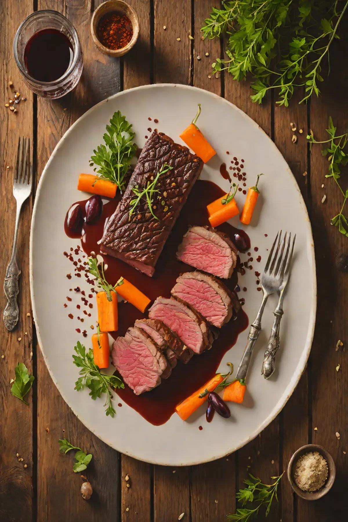 Grilled Venison with Roasted Carrot and Red Wine Sauce