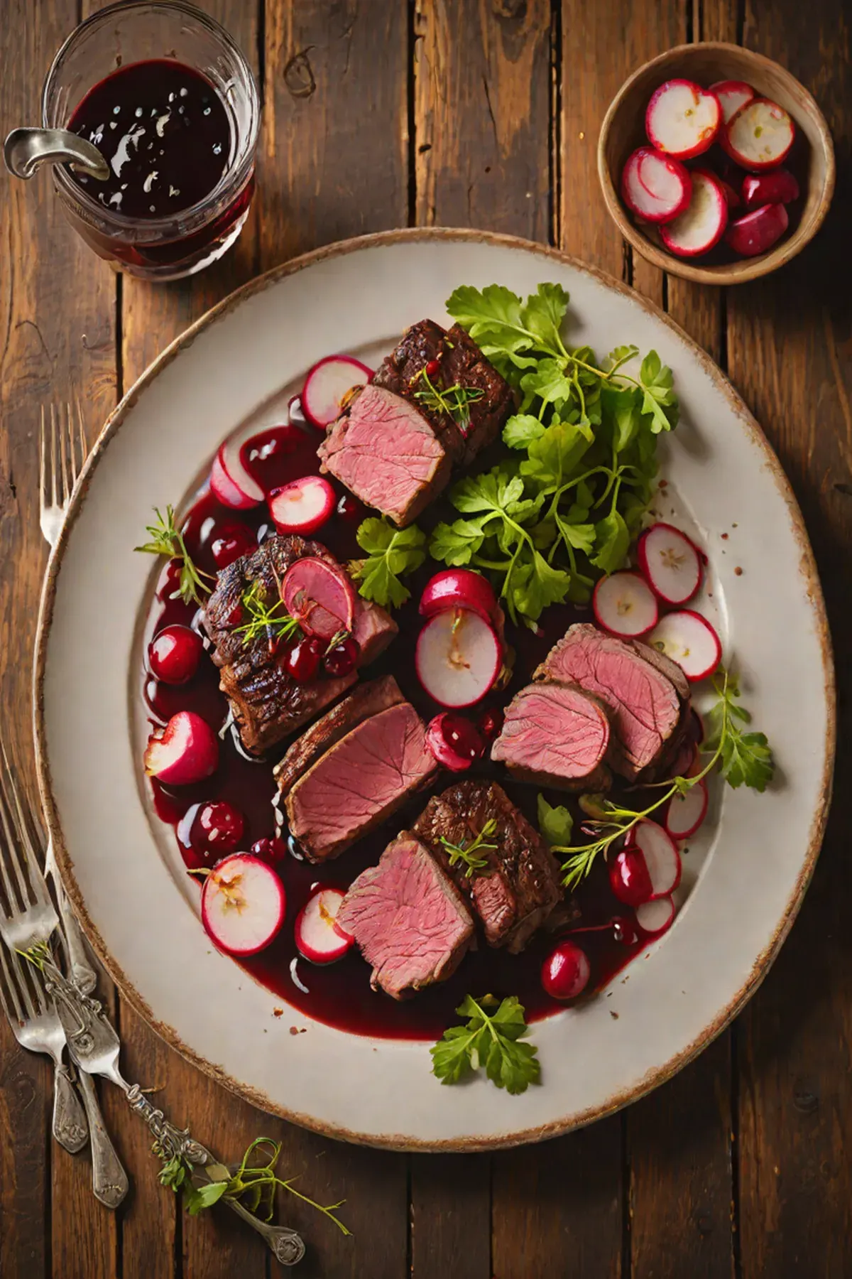 Grilled Venison with Roasted Radish and Cranberry Reduction