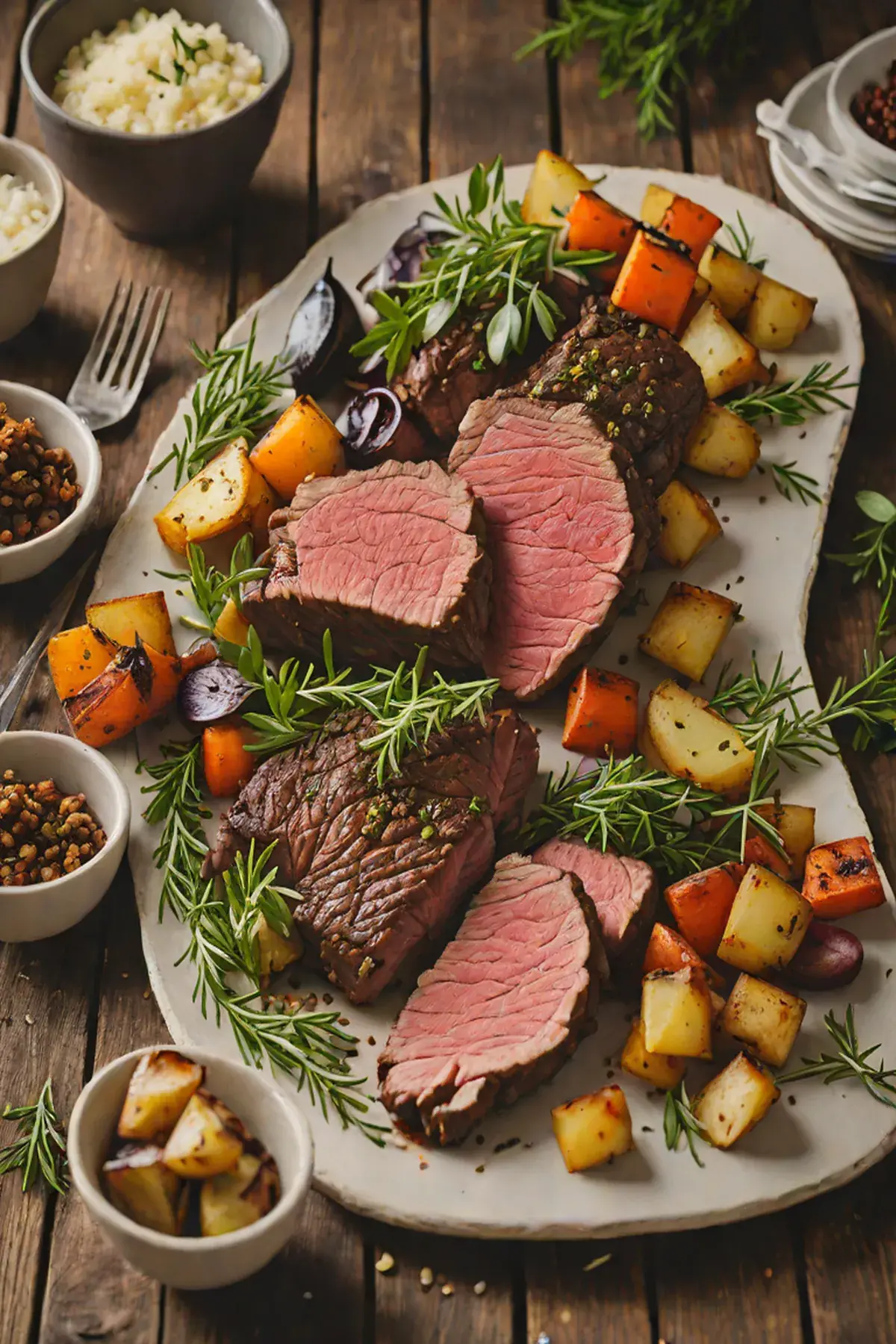 Herb-Crusted Roasted Bison with Crispy Root Vegetables