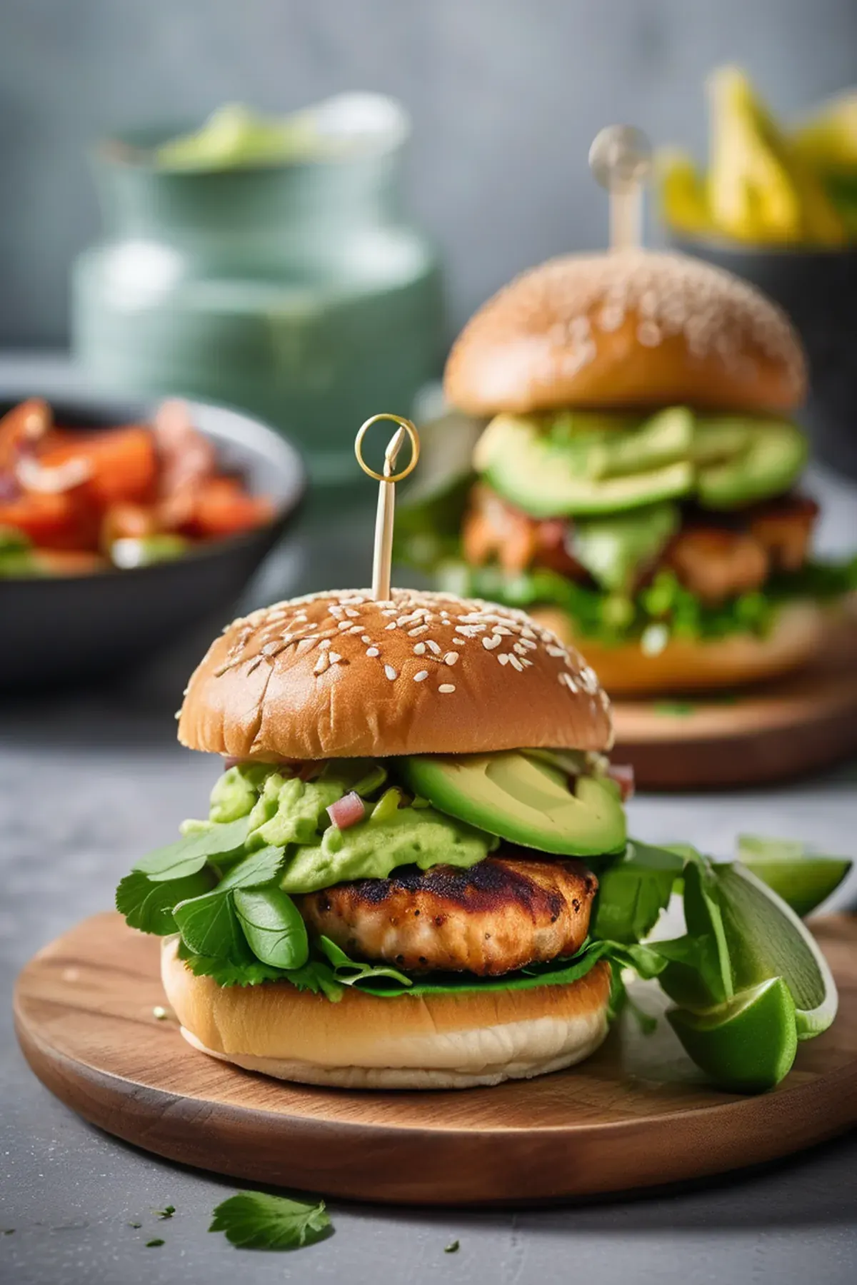 Homemade chicken burgers with avocado mayo