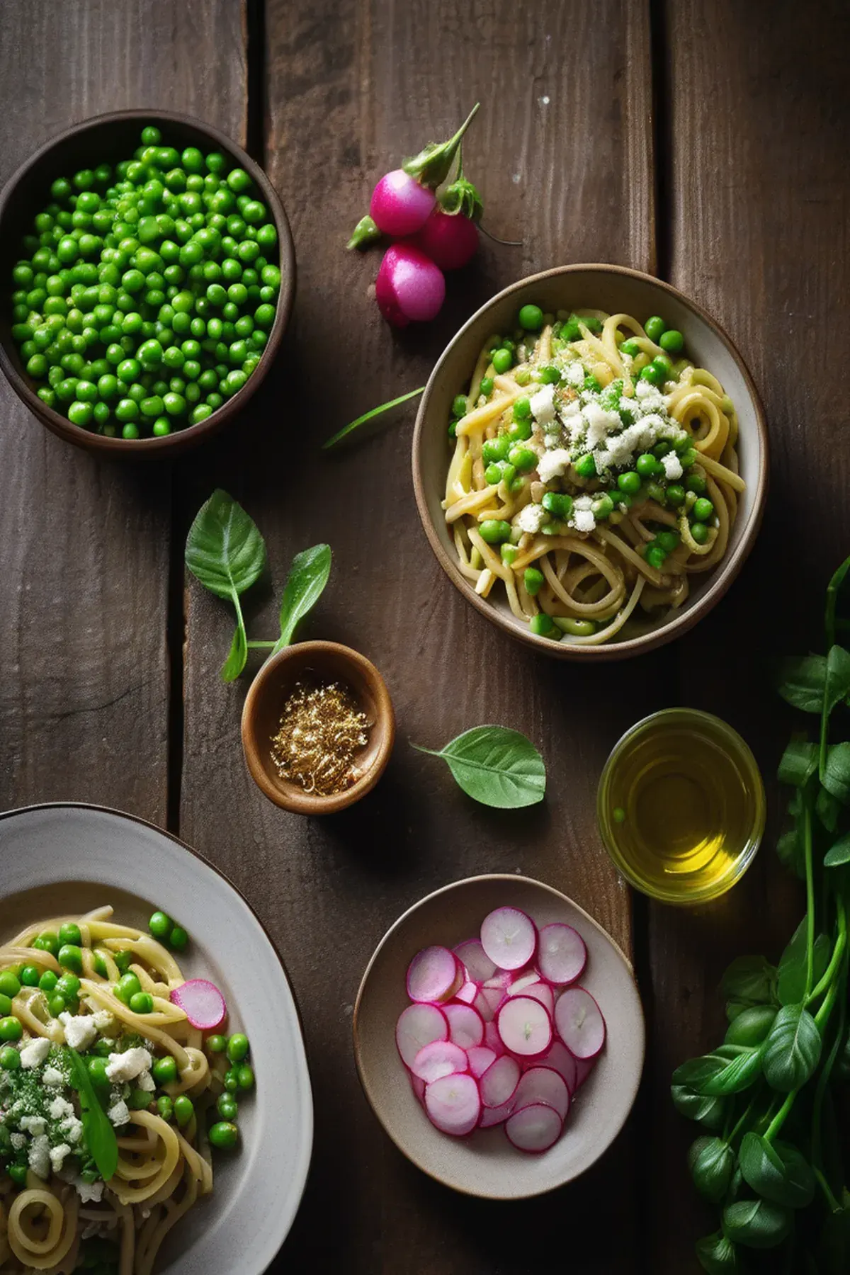 Lemony pasta with peas, feta & radishes