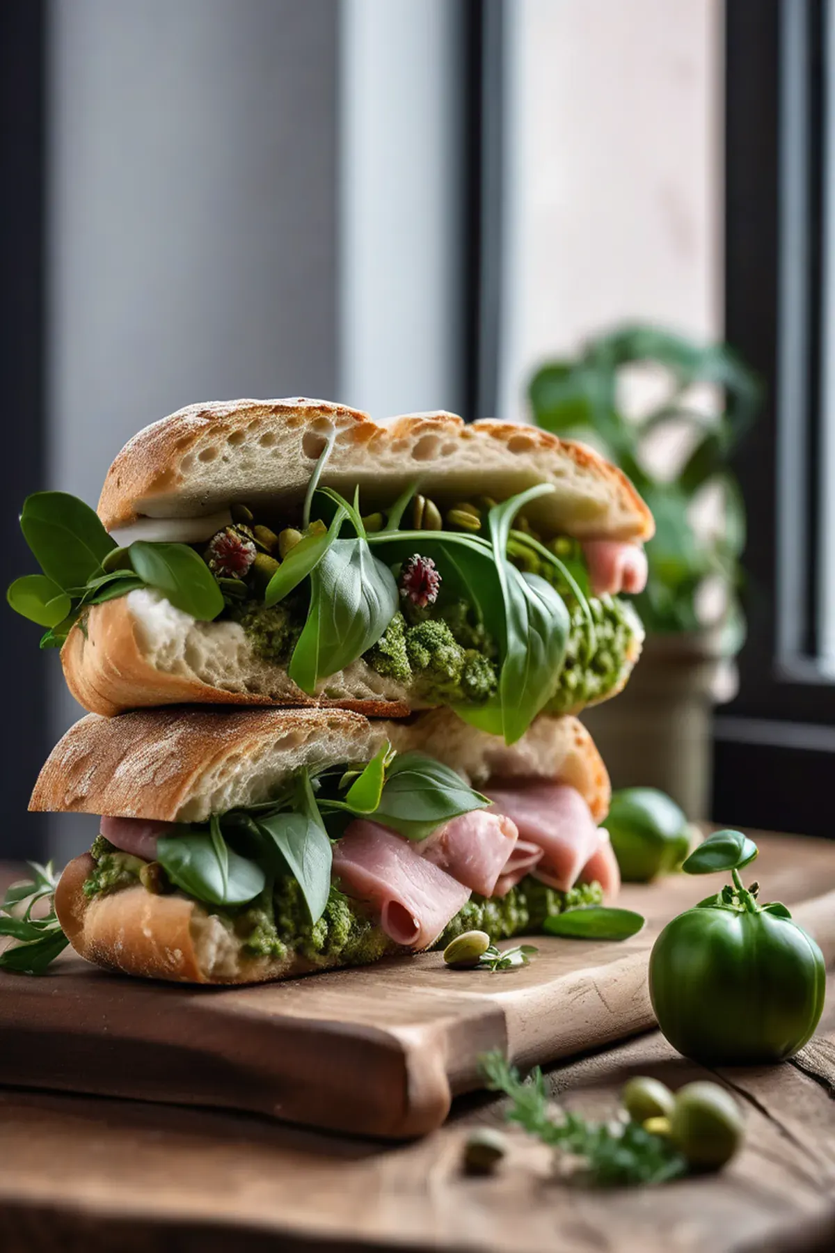 Mortadella, burrata & pistachio pesto ciabatta