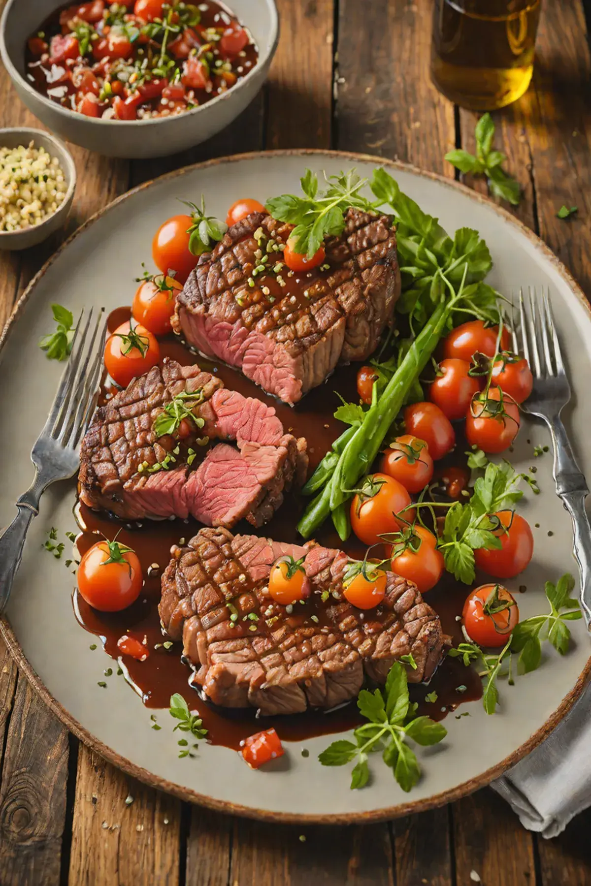 Pan-Seared Beef Steak with Fresh Tomato and Herb Reduction