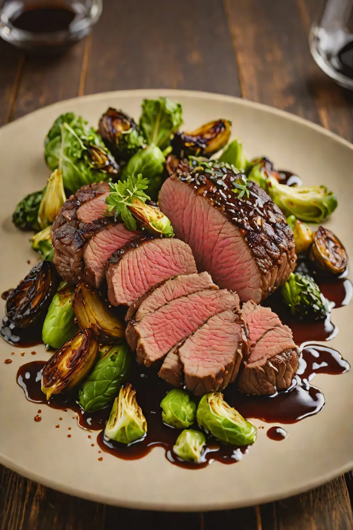 Pan-Seared Beef Tenderloin with Caramelized Brussels Sprouts and Balsamic Glaze