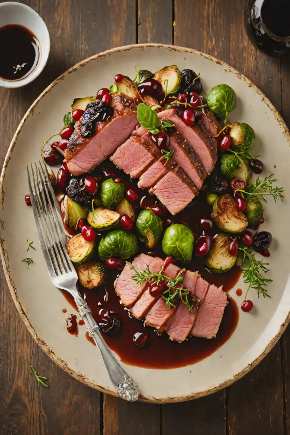 Pan-Seared Duck Breast with Caramelized Brussels Sprouts and Cherry Gastrique