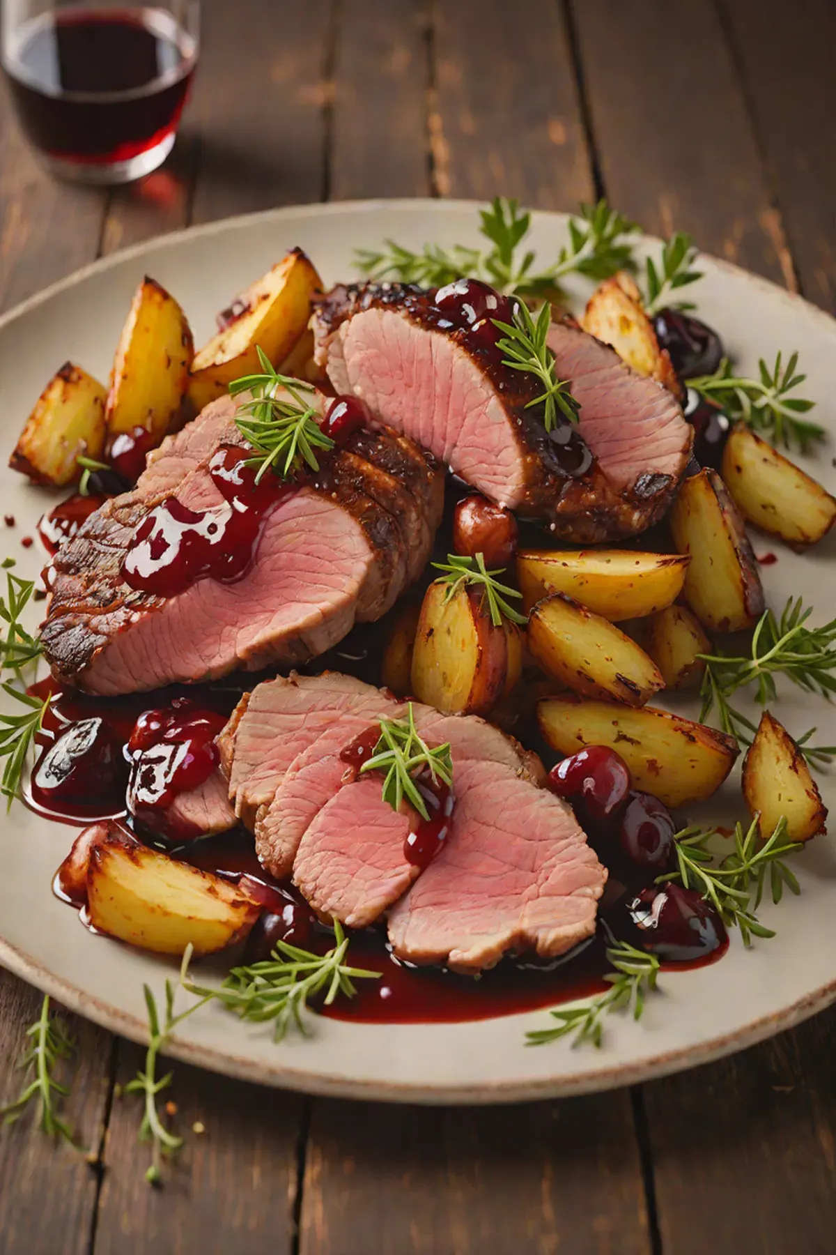 Pan-Seared Duck Breast with Crispy Roasted Potatoes and Cherry Gastrique