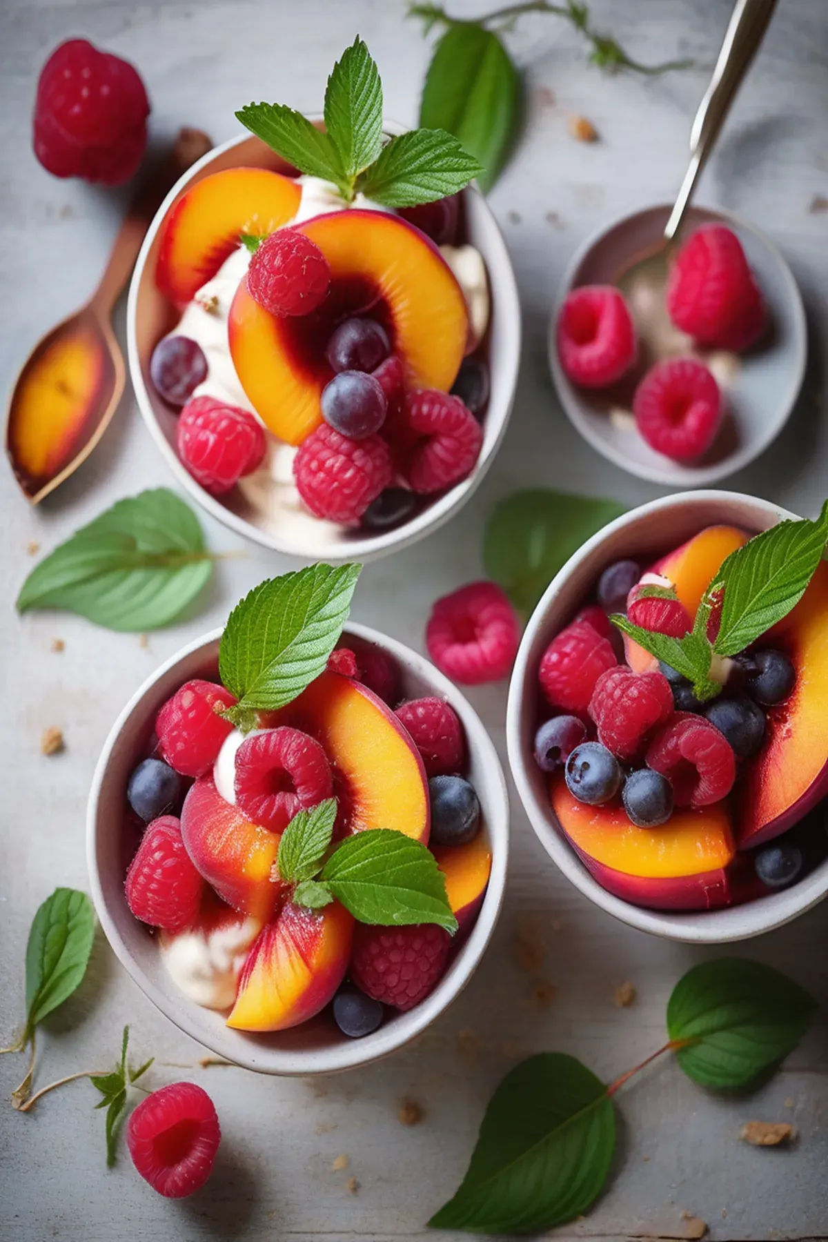 Peach & raspberry fruit salad with mascarpone