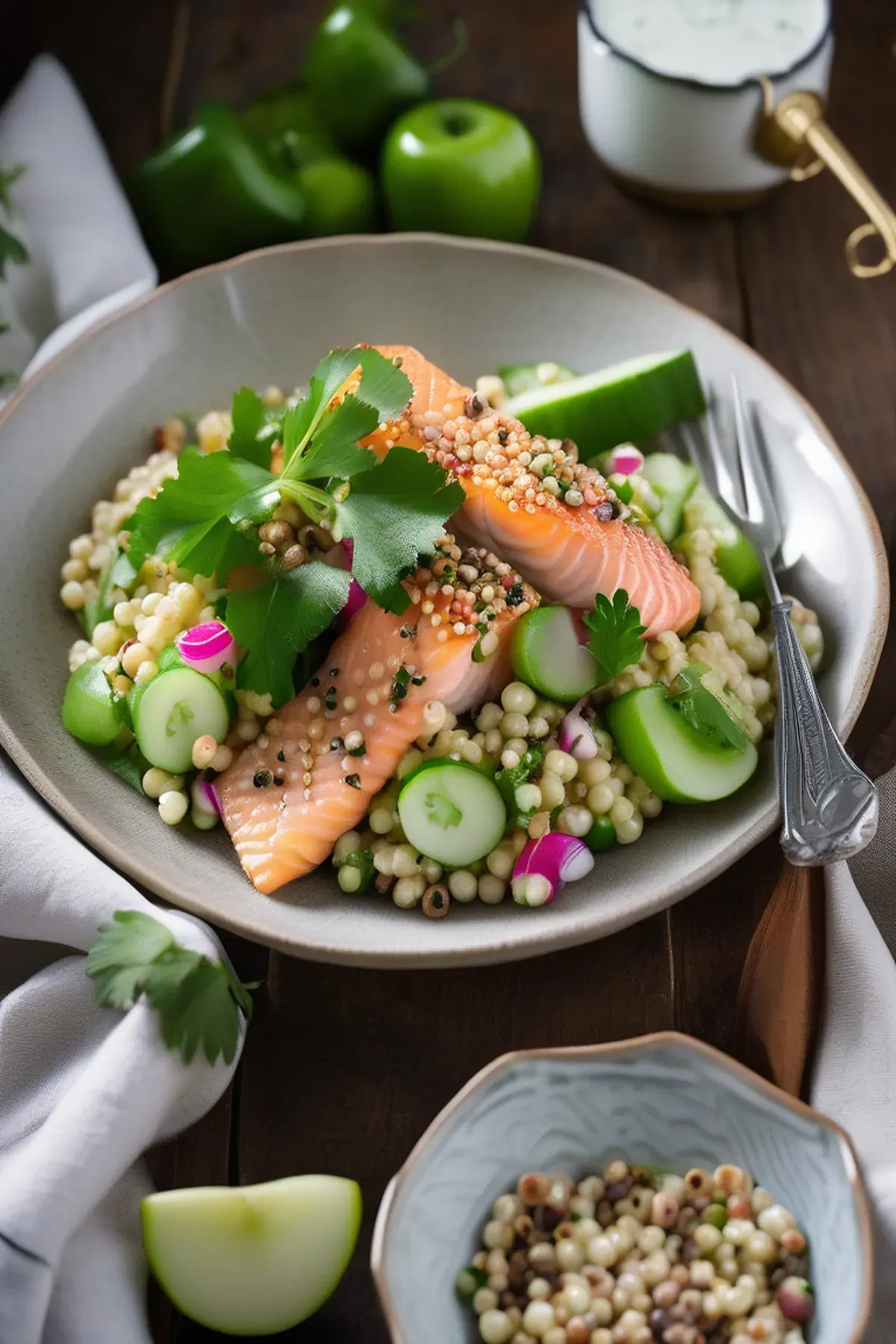 Pearl couscous salad with hot smoked trout & buttermilk dressing