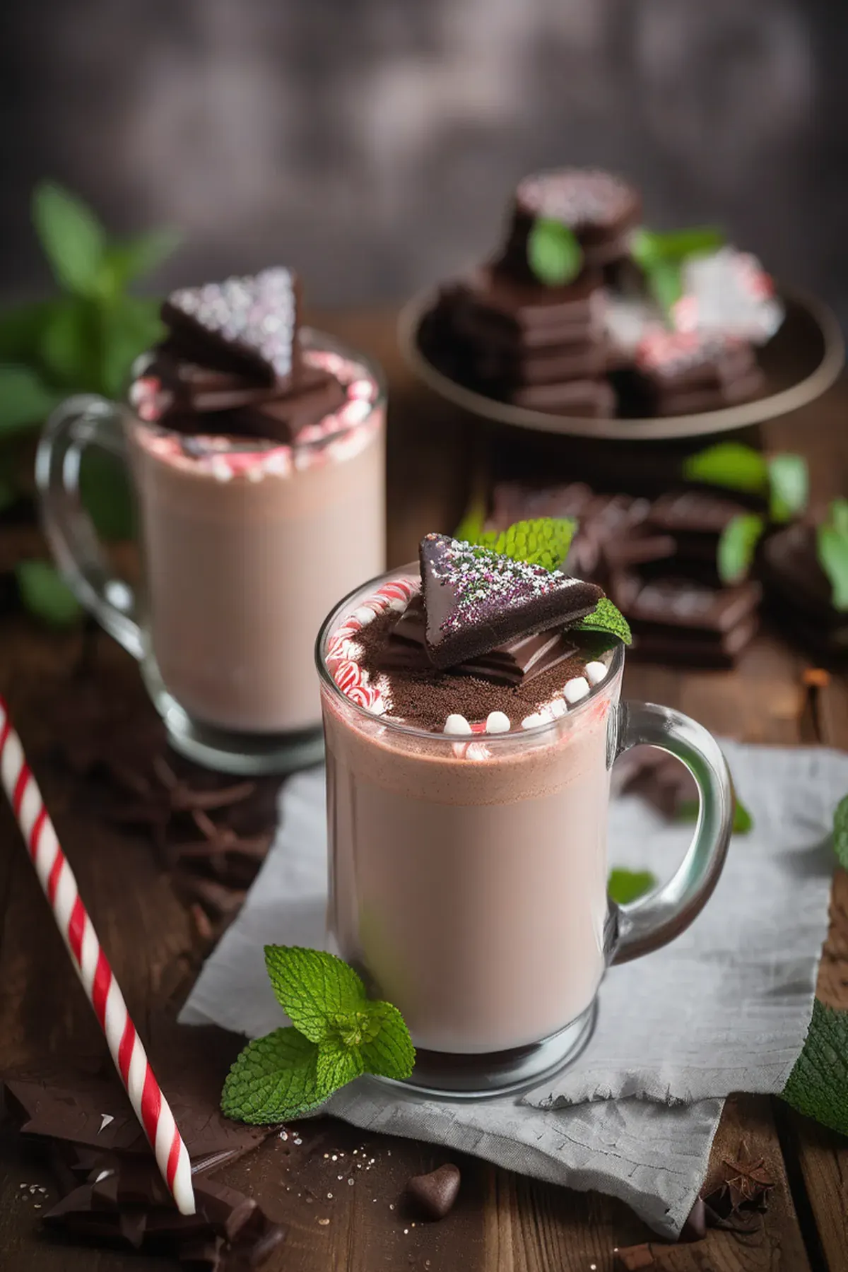 Peppermint hot chocolate with mint-choc cookie bats