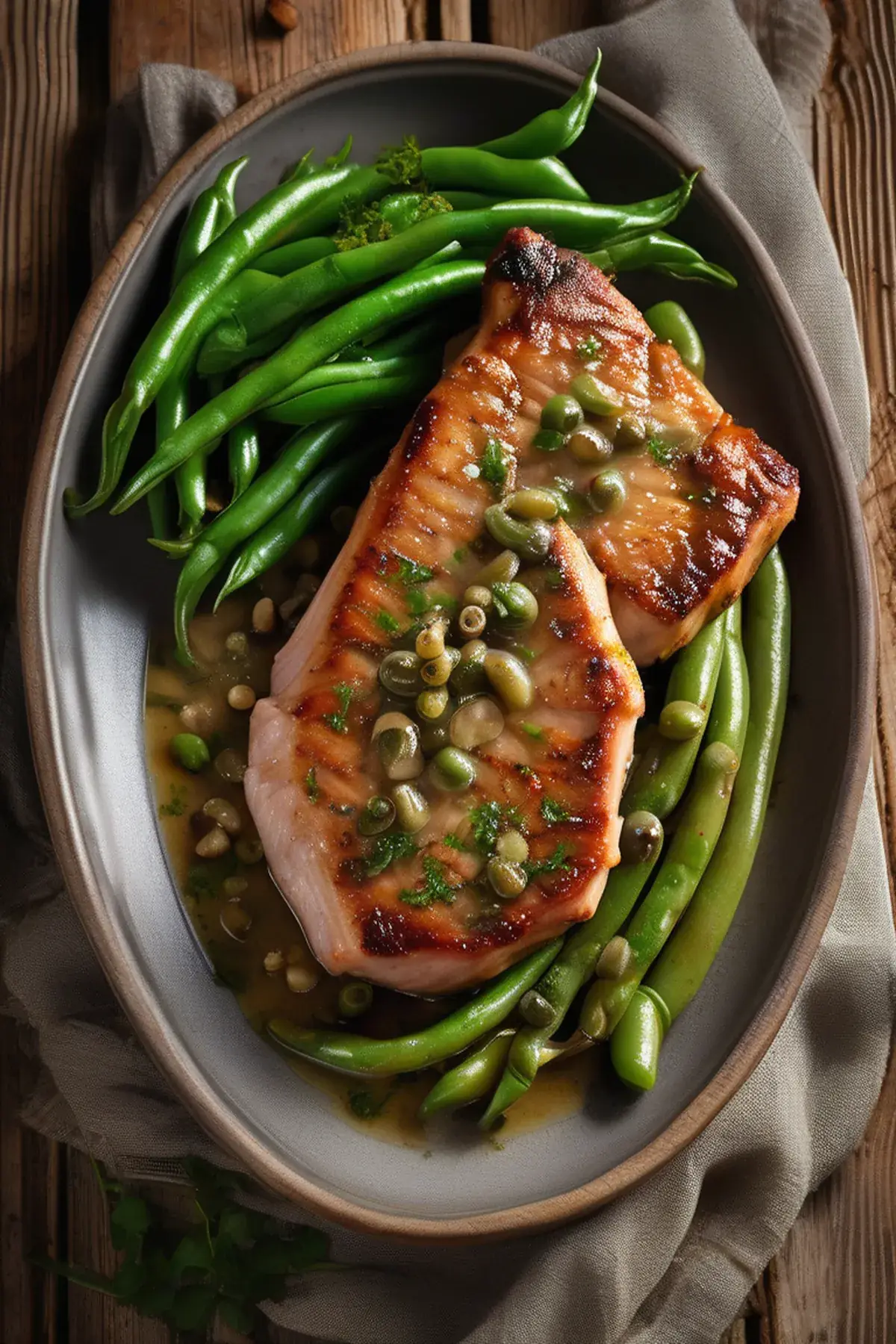 Pork chop piccata with green beans
