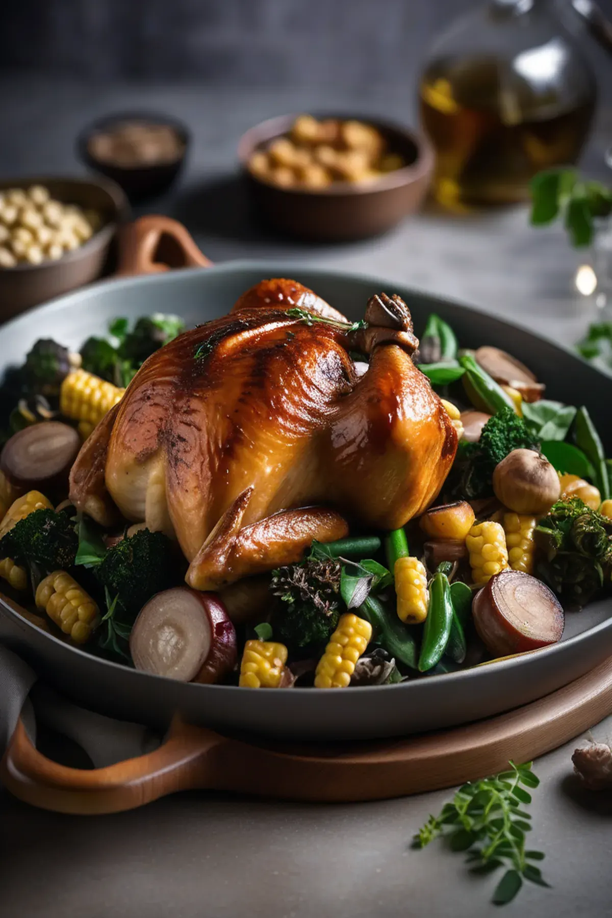 Pot roast chicken with porcini, roast gnocchi & greens