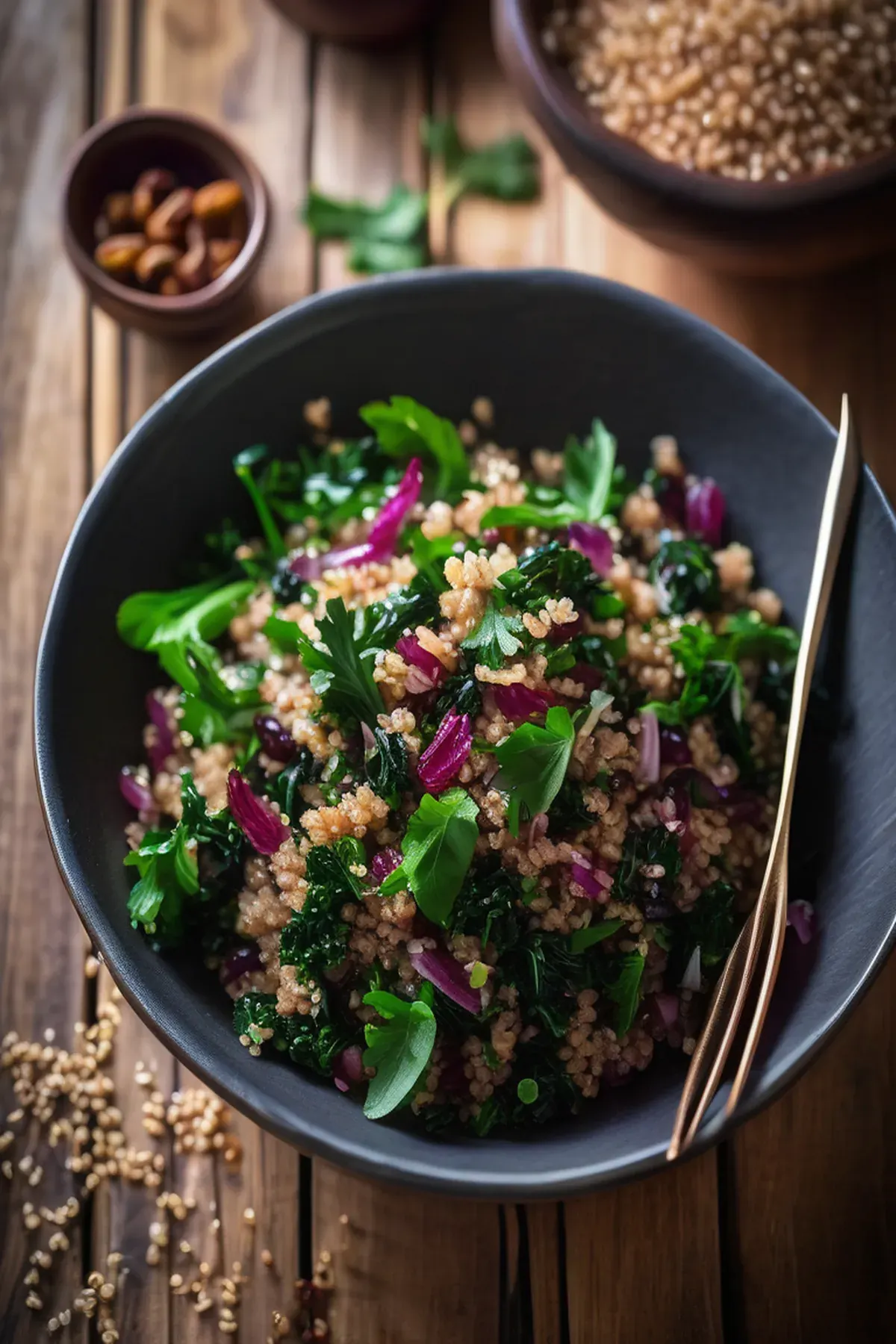 Quinoa salad with shredded greens & raisins
