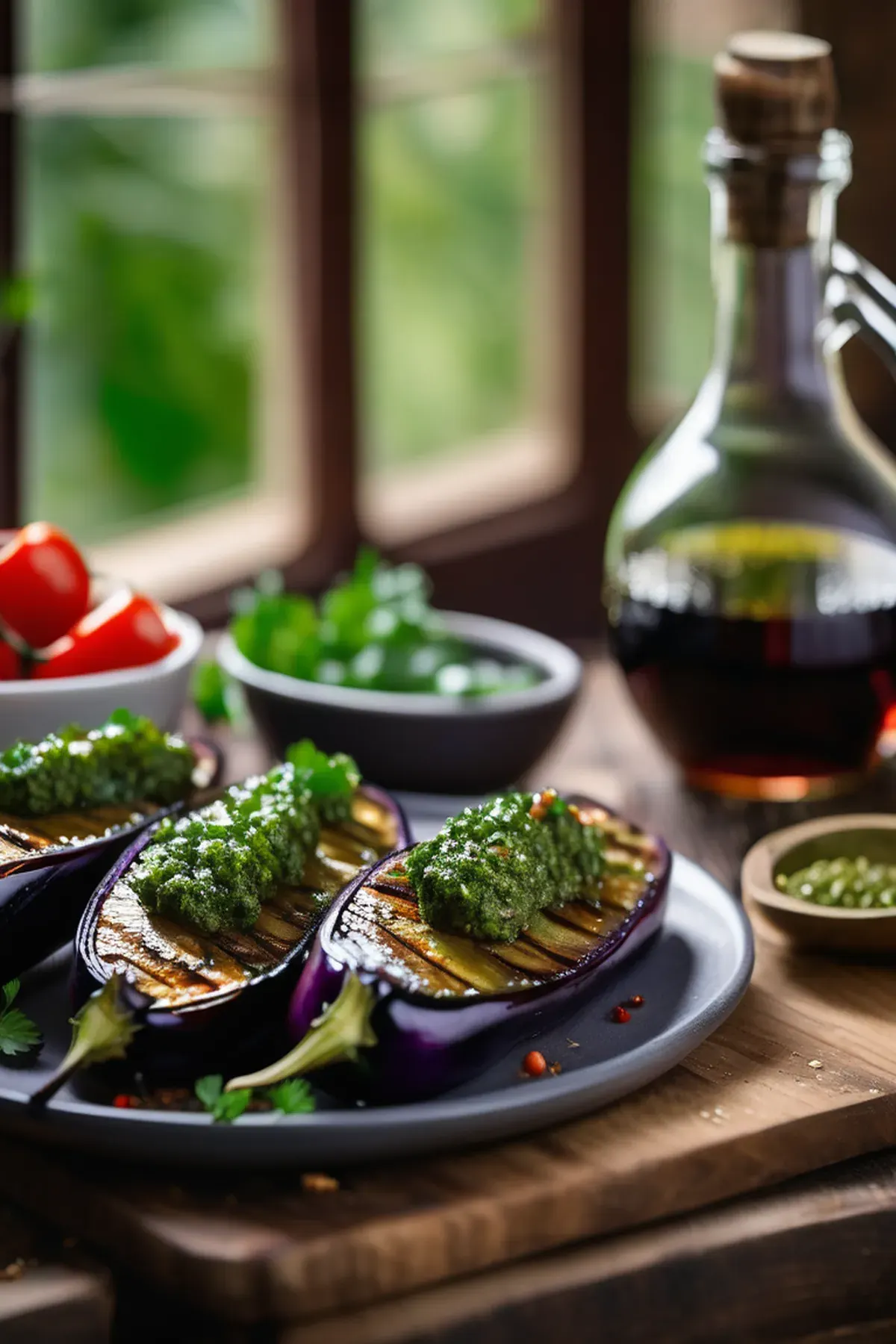 Roast aubergines with coriander chimichurri