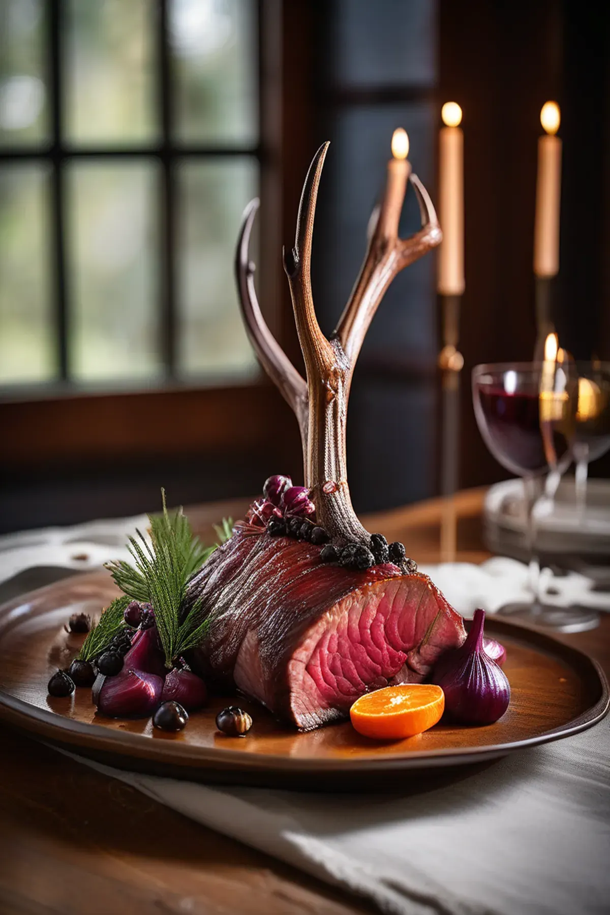 Roast venison rack with Cumberland glazed shallots