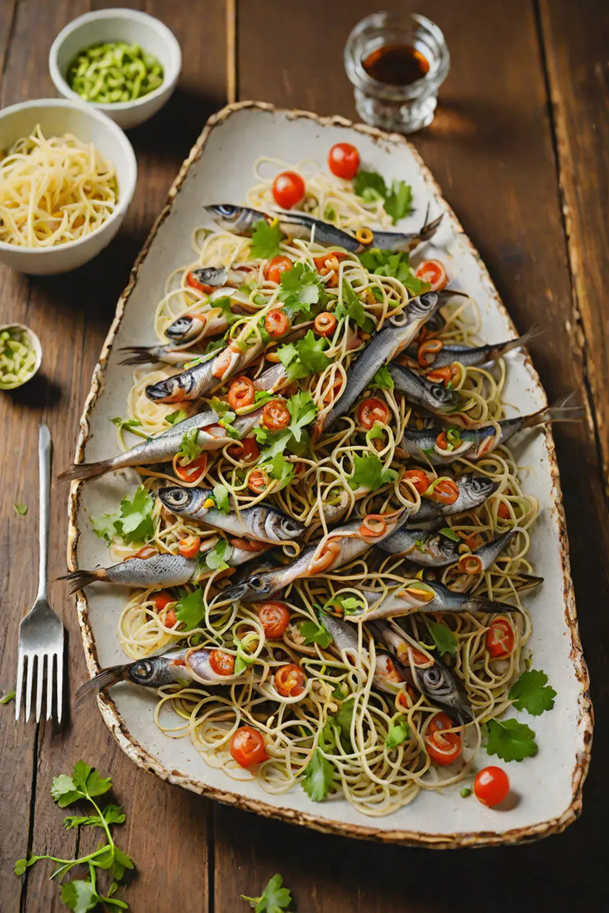 Roasted Anchovies with Bean Sprout Medley