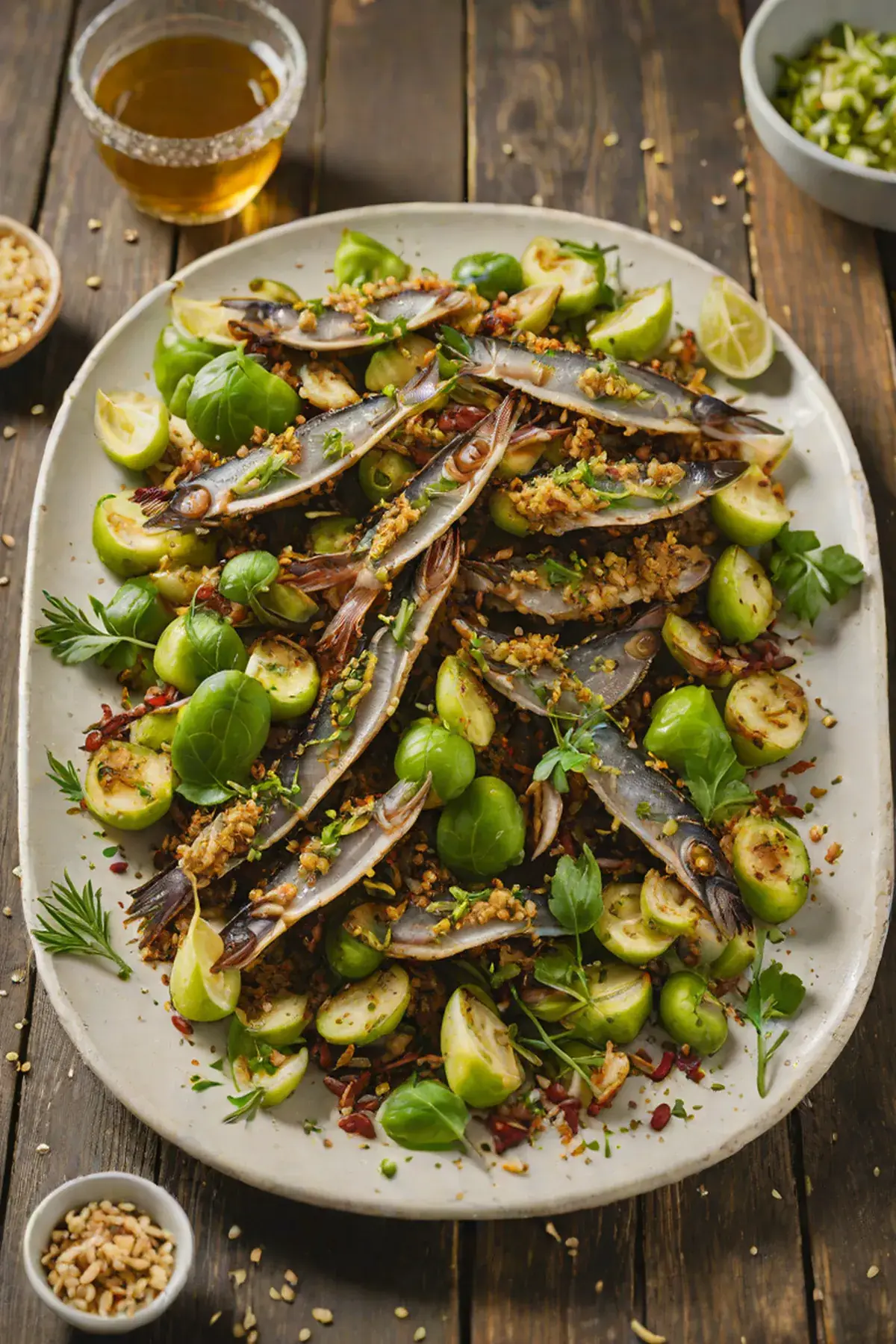 Roasted Anchovies with Brussels Sprouts and Garlic Breadcrumbs